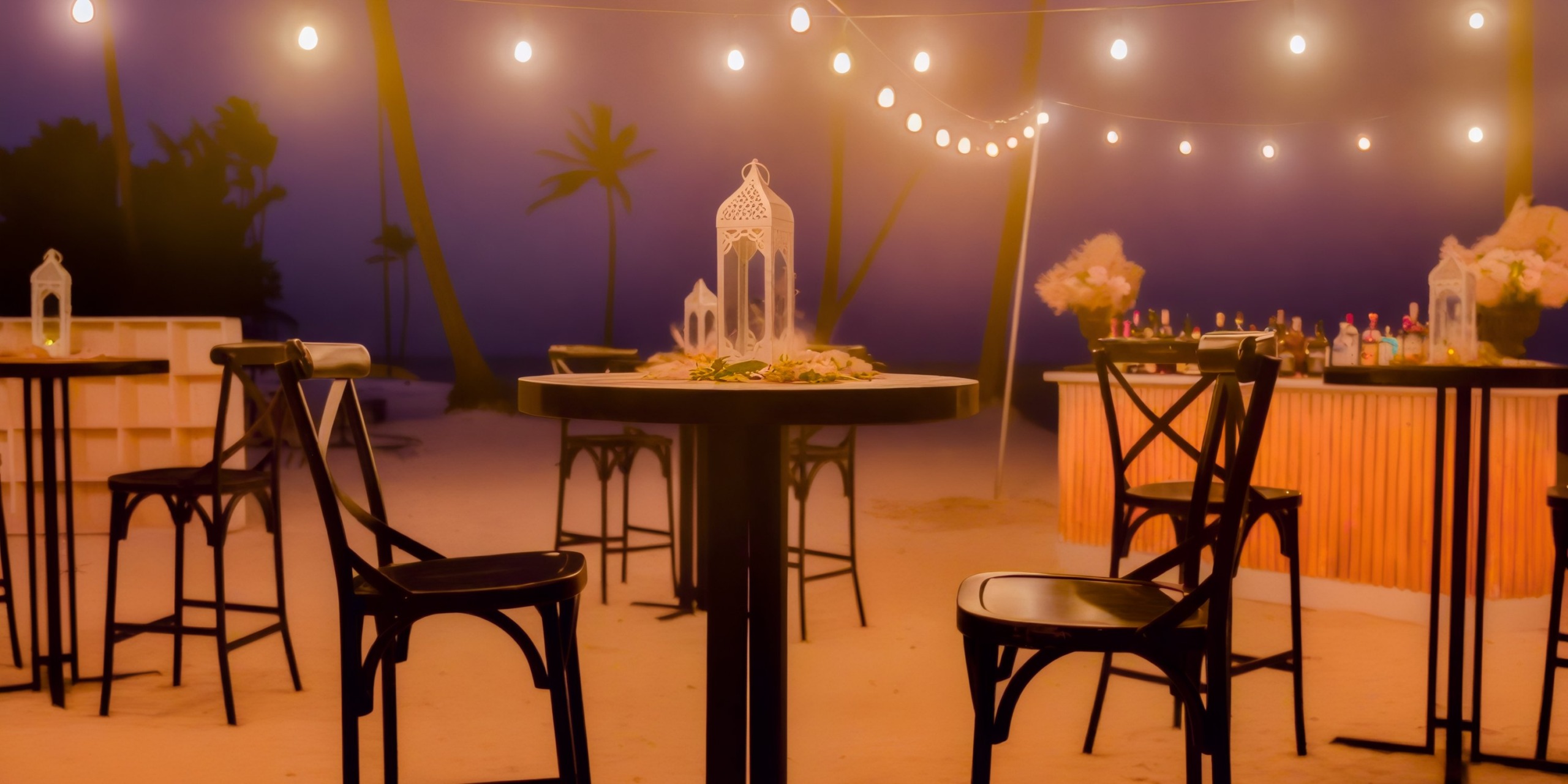 A stunning beachside setup for a destination wedding at Dreams Cap Cana Resort & Spa, featuring enchanting string lights, elegant tables, comfortable chairs, and a stylish bar.