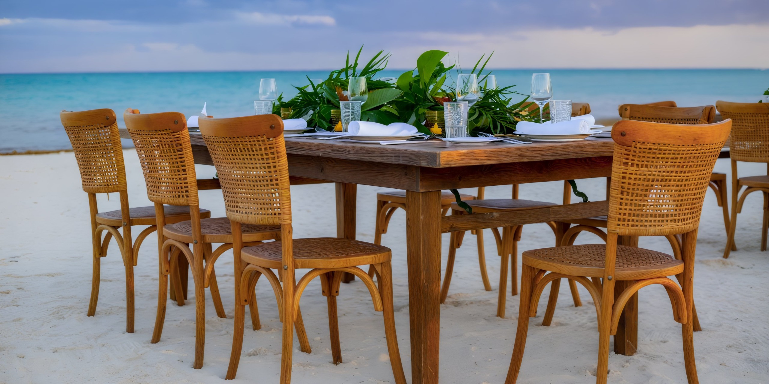 Dreams Cap Cana Resort & Spa: A picturesque beachside wooden dining table set, adorned with elegant glassware and lush greenery, perfect for a destination wedding celebration.