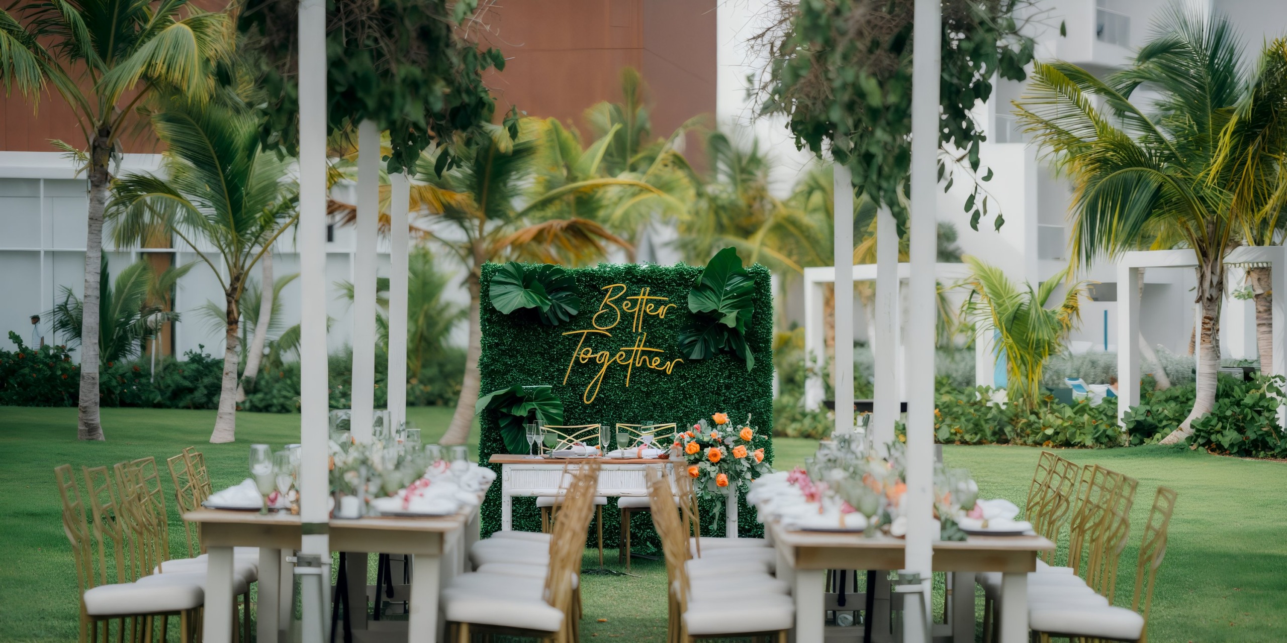 An outdoor destination wedding featuring elegantly decorated tables and a "Better Together" sign at Dreams Cap Cana Resort & Spa.
