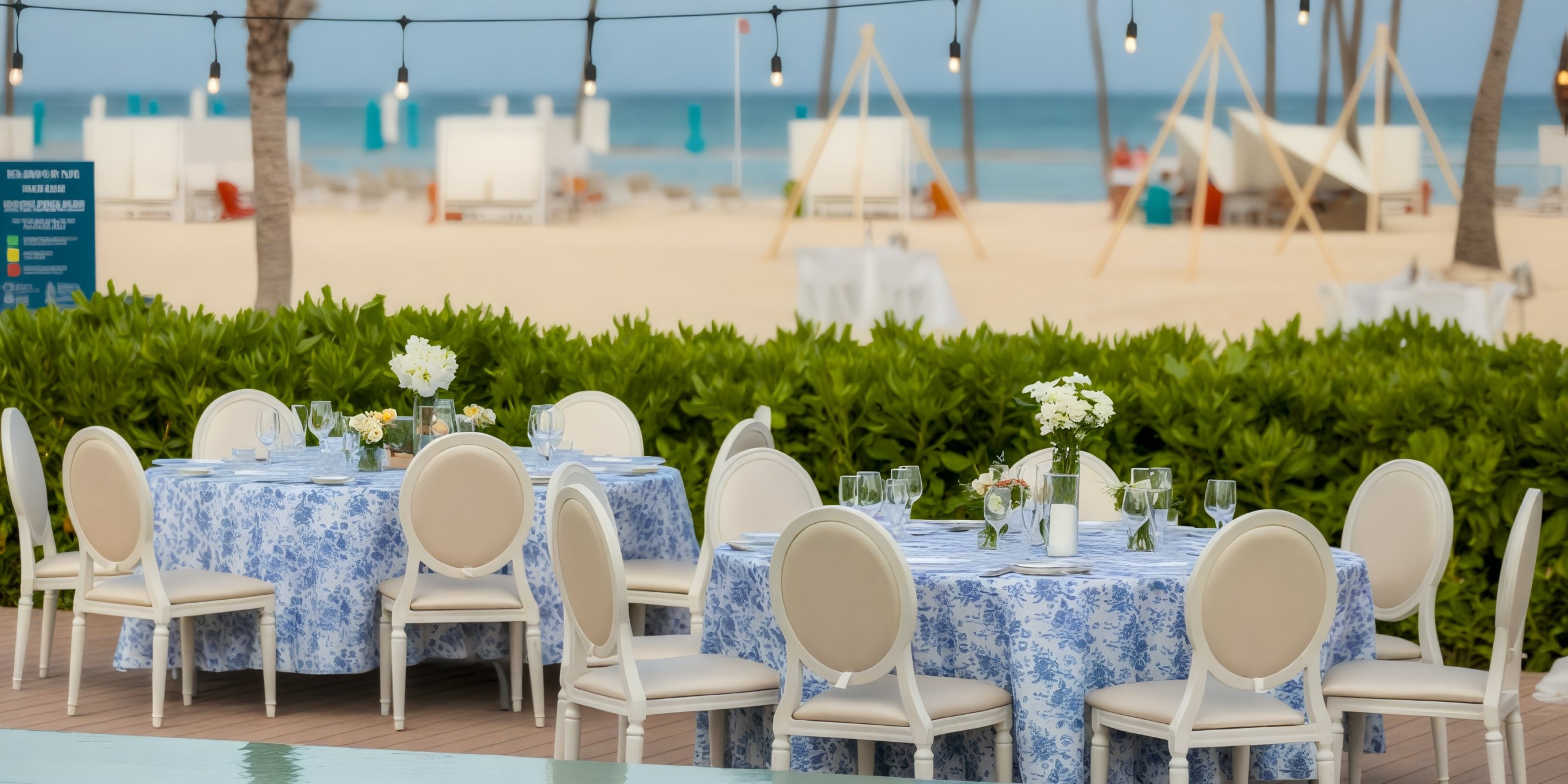 For the destination wedding at Dreams Cap Cana, the setup includes enchanting blue floral tablecloths, elegant white chairs, and romantic string lights.