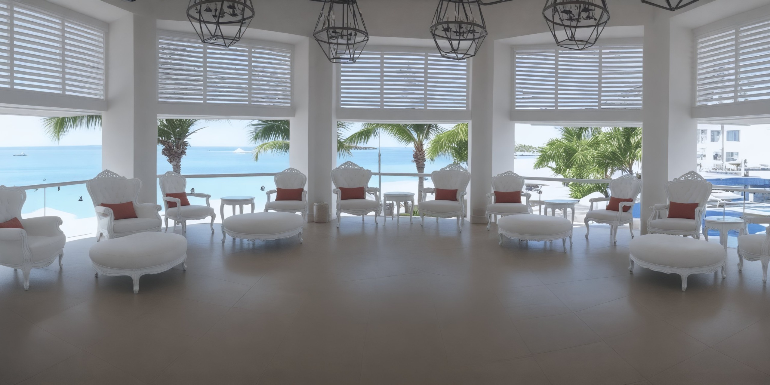 The bright room, perfect for a destination wedding, features white chairs and offers a stunning sea view through its large windows.