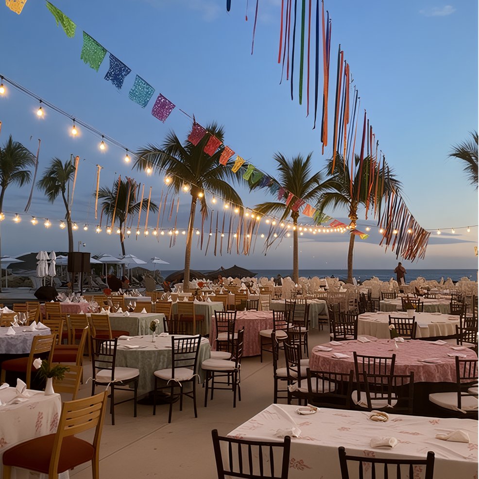 Destination wedding setup outdoors with round tables, chairs, string lights, and vibrant banners at sunset.