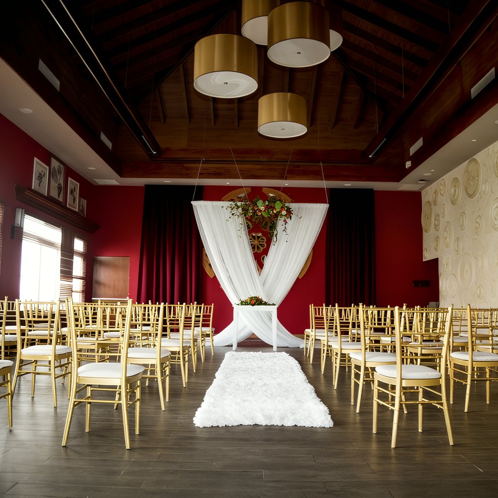 A destination wedding ceremony setup featuring gold chairs, a white aisle runner, and a floral arch.