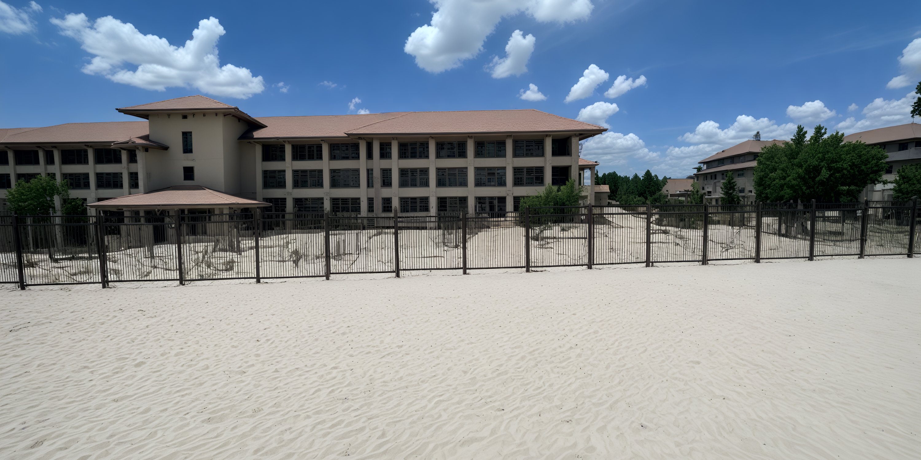 Dreams Playa Esmeralda, a dream destination wedding venue, stands beyond a fence and white sand below blue sky.