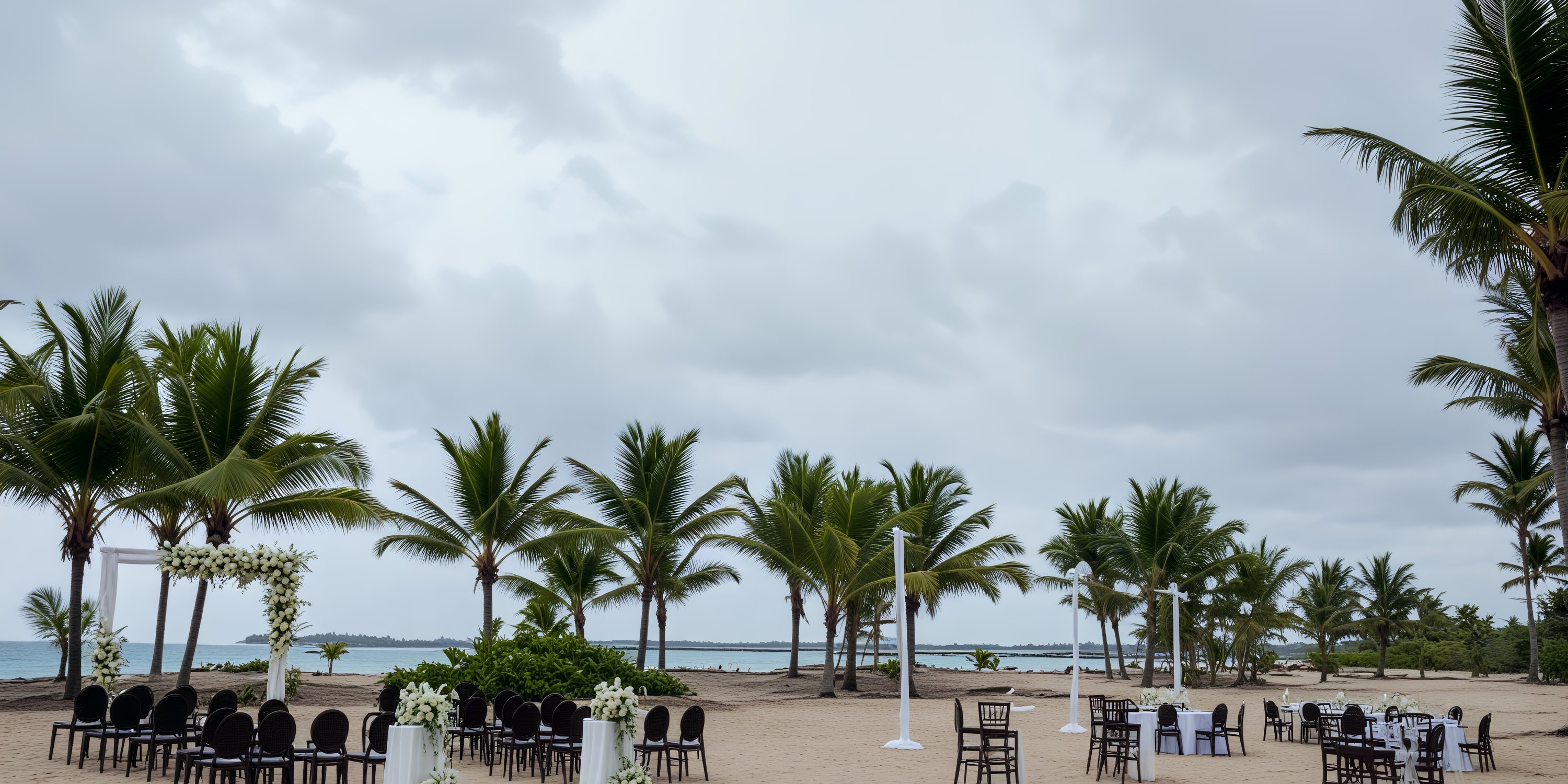 Dreams Playa Esmeralda destination wedding setup with chairs and tables on a beach under cloudy skies.