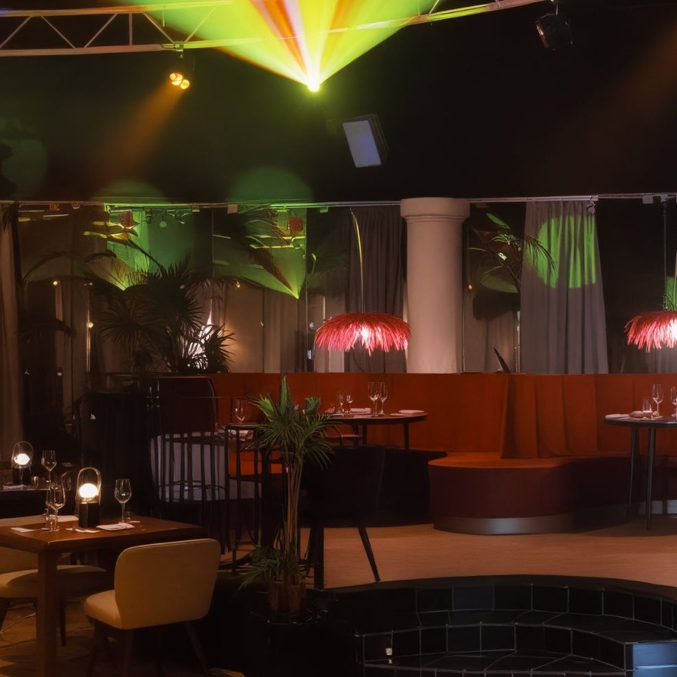 A dimly lit restaurant interior, perfect for a destination wedding reception, featuring tables and chairs accented with colorful lighting.