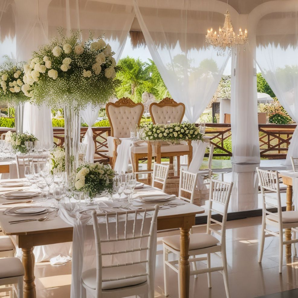 A sophisticated destination wedding reception featuring white decor, towering floral centerpieces, and stunning chandelier lighting.