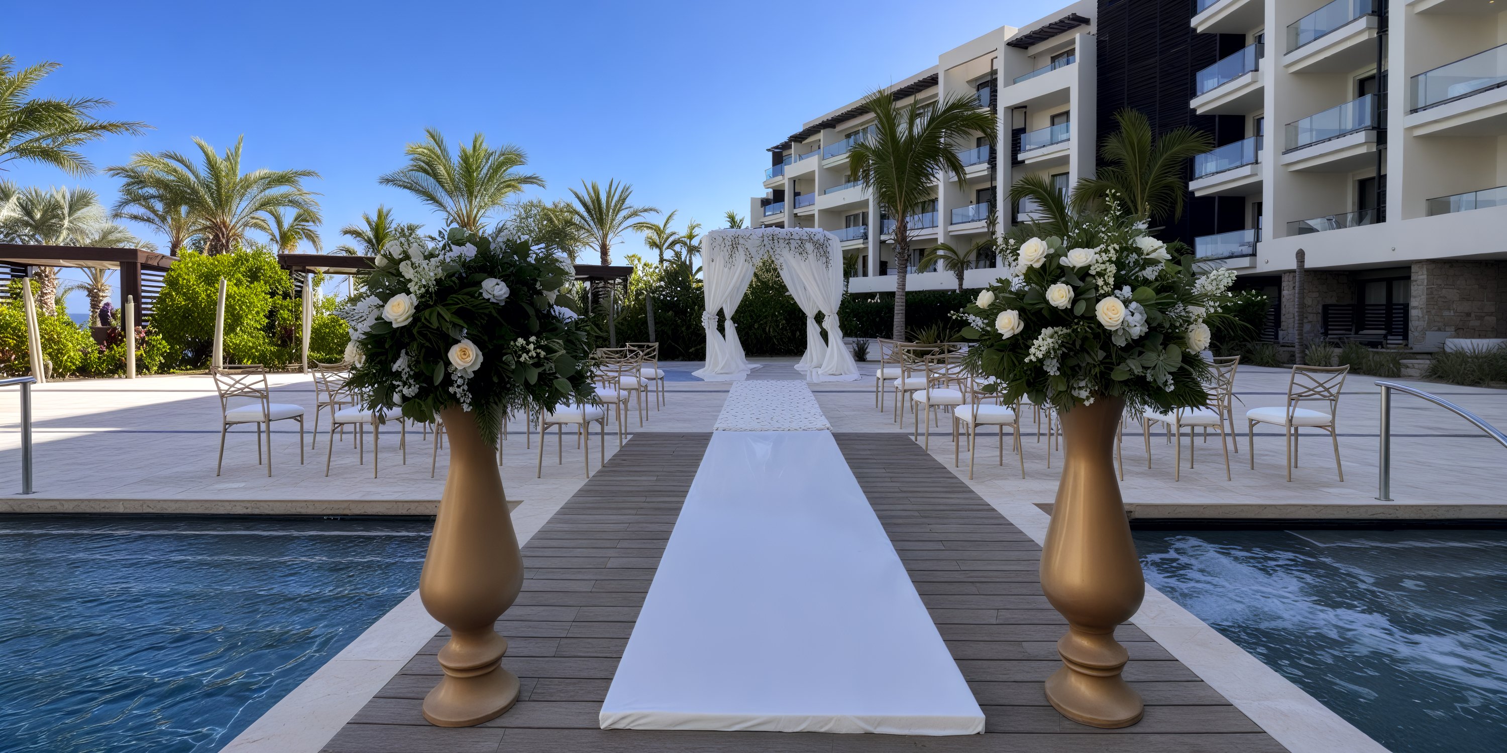 Poolside destination wedding setup featuring an aisle adorned with floral arrangements and elegantly placed chairs.