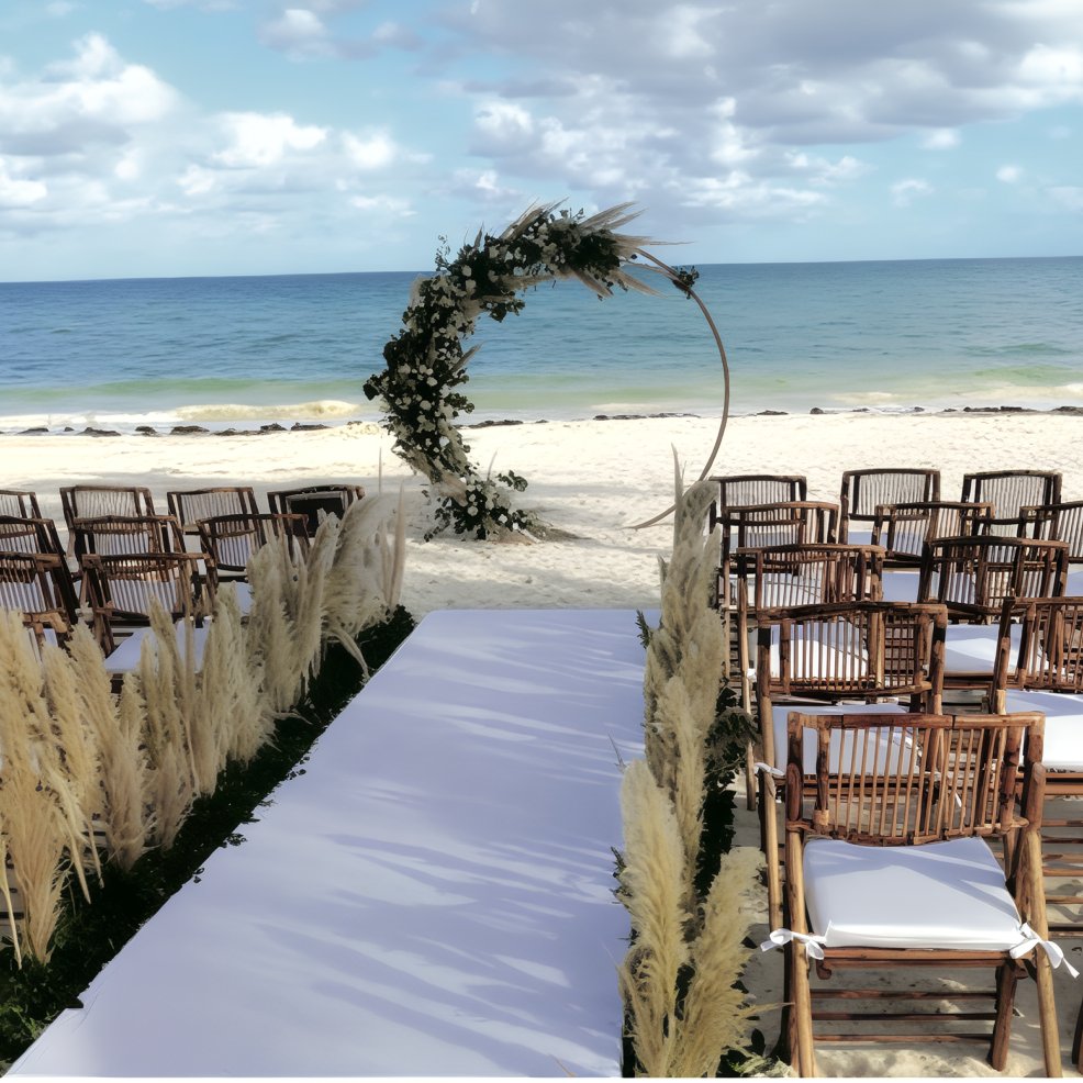 A destination wedding setup with wooden chairs and a floral arch arranged by the oceanfront.
