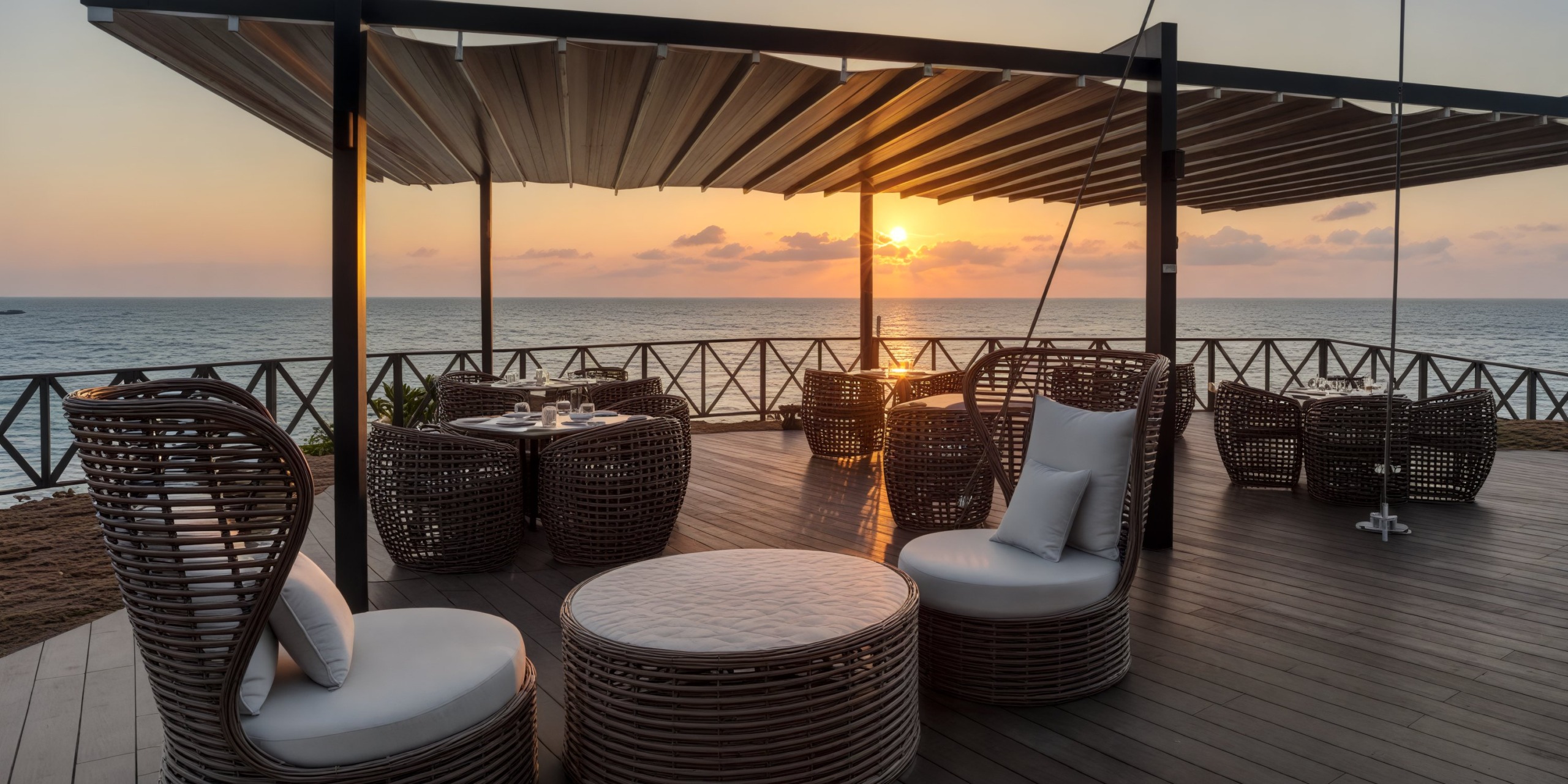Wicker furniture adorns this rooftop patio, offering a breathtaking view of the ocean at sunset, perfect for a destination wedding.
