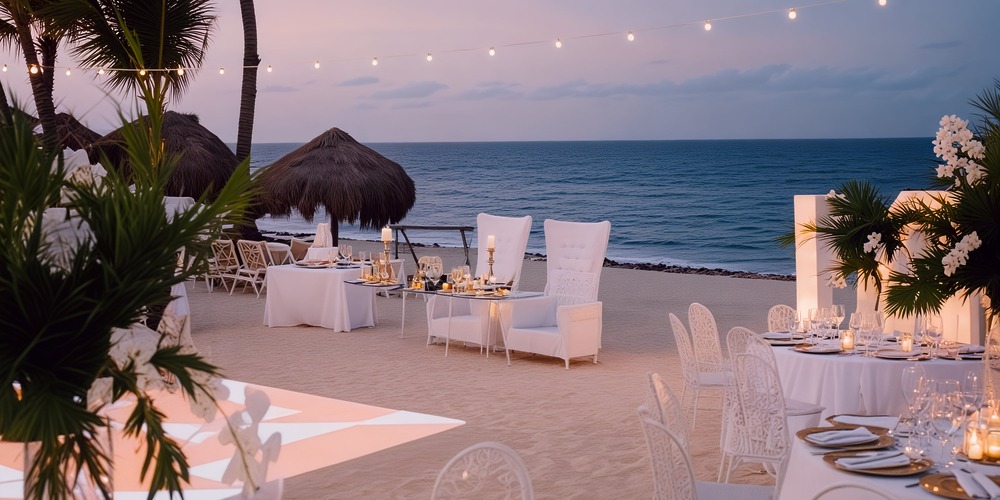 Imagine a destination wedding by the sea, where elegant tables and chairs are perfectly arranged under the glow of string lights at sunset.