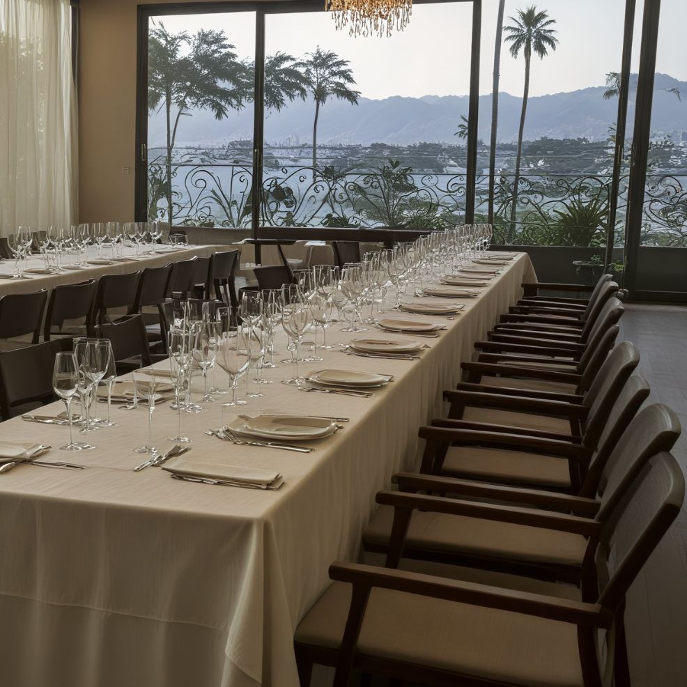 A long dining table elegantly arranged with glassware and napkins, set against the scenic backdrop of mountains and palm trees, creates a picturesque setting for a destination wedding.