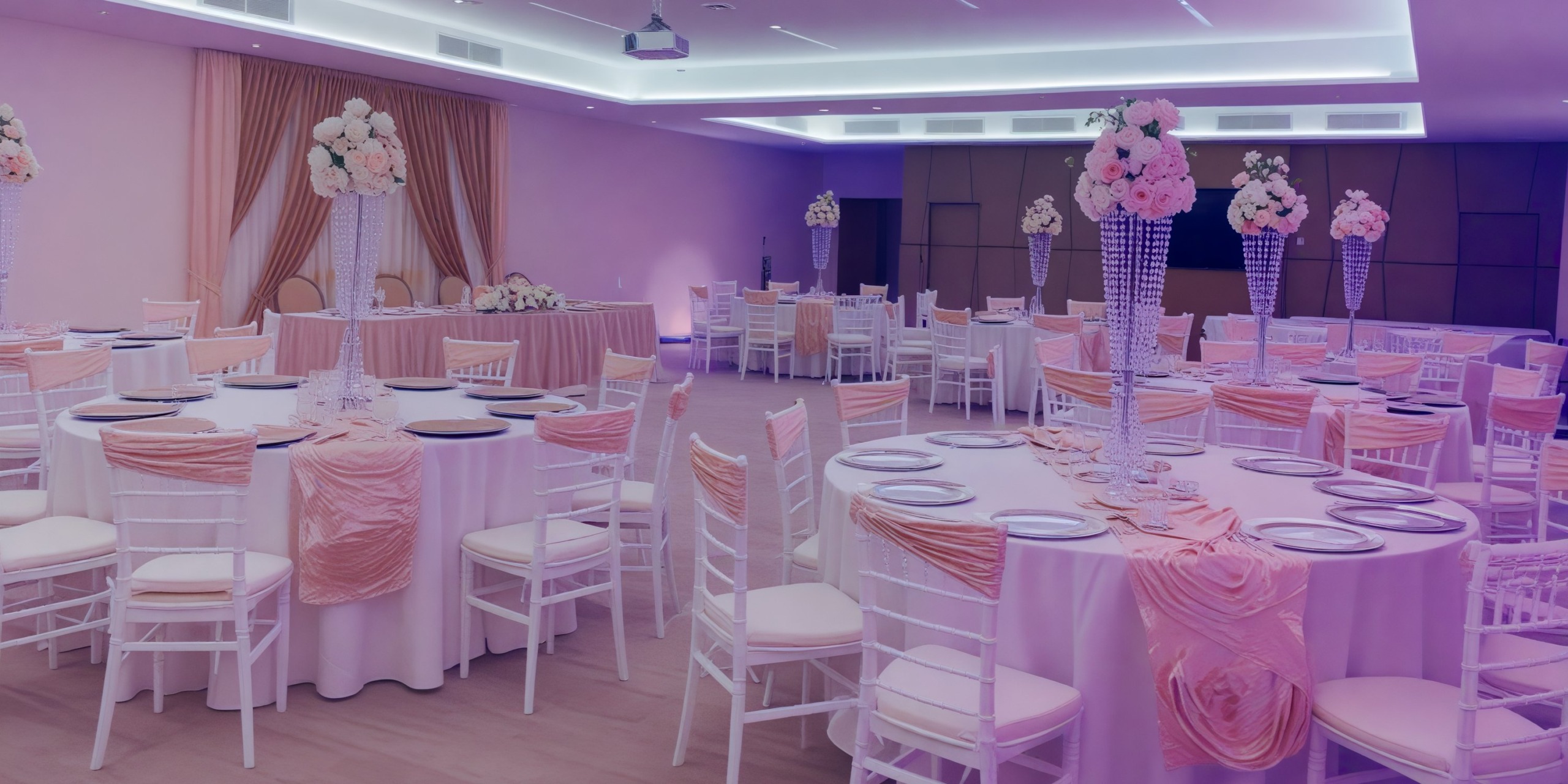 A sophisticated event hall perfect for a destination wedding, featuring elegant round tables adorned with pink floral centerpieces and pristine white chairs.