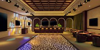 Secrets Playa Esmeralda, the perfect venue for a destination wedding, boasts a chic bar complete with patterned floors, an extended counter, and wall screens to enhance your celebration.