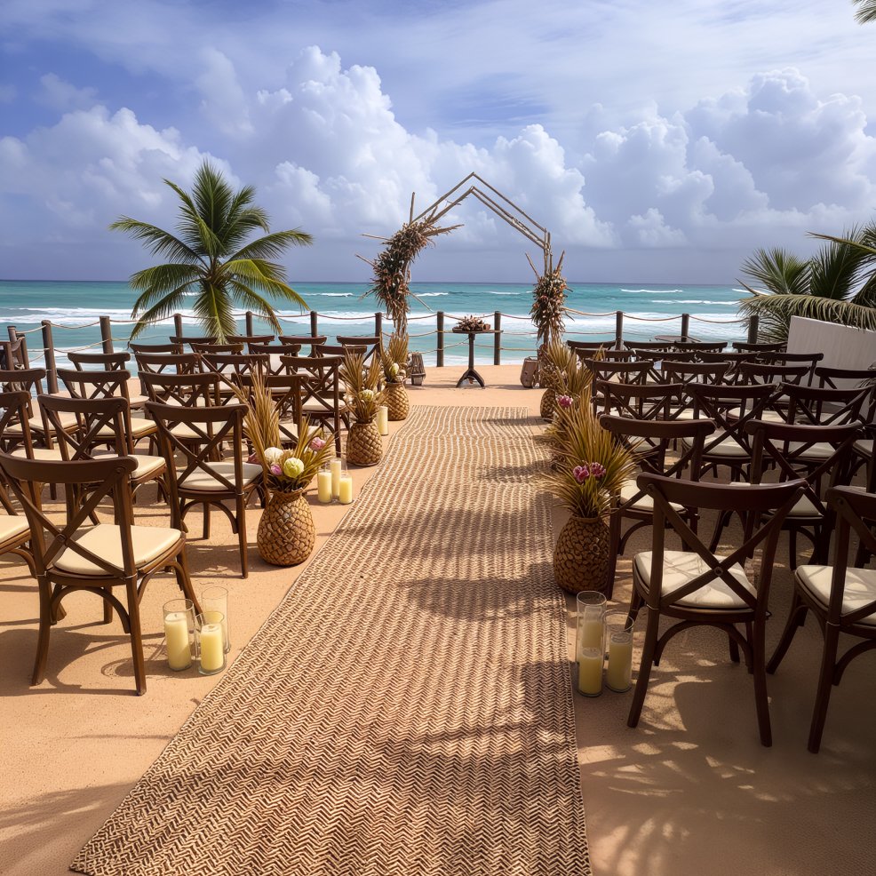 A destination wedding setup featuring chairs and an elegantly decorated arch, all with a stunning view of the ocean.