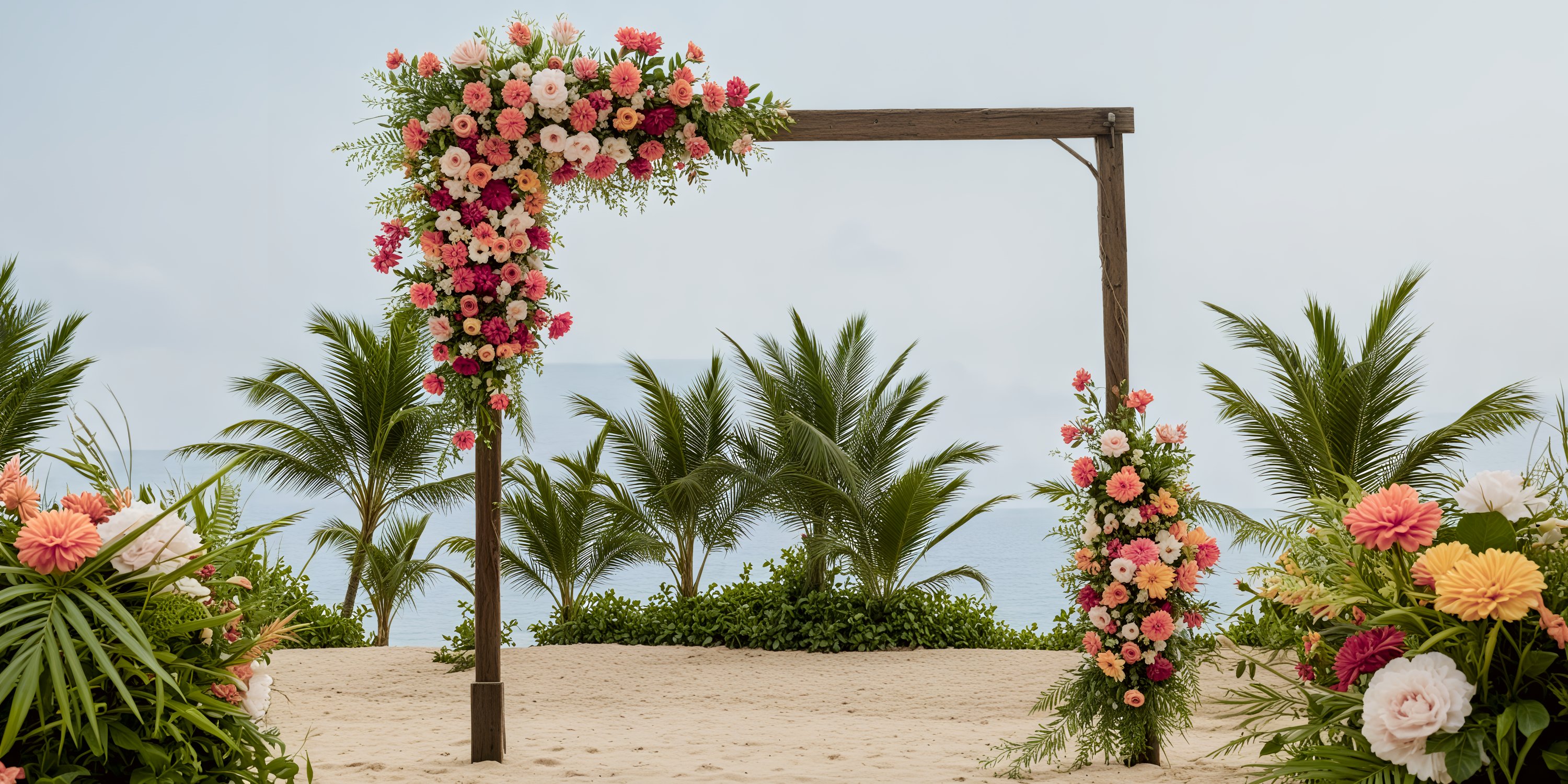 Wooden wedding arch with pink and coral flowers on the sandy beach at Secrets Playa Esmeralda, perfect for a destination wedding.