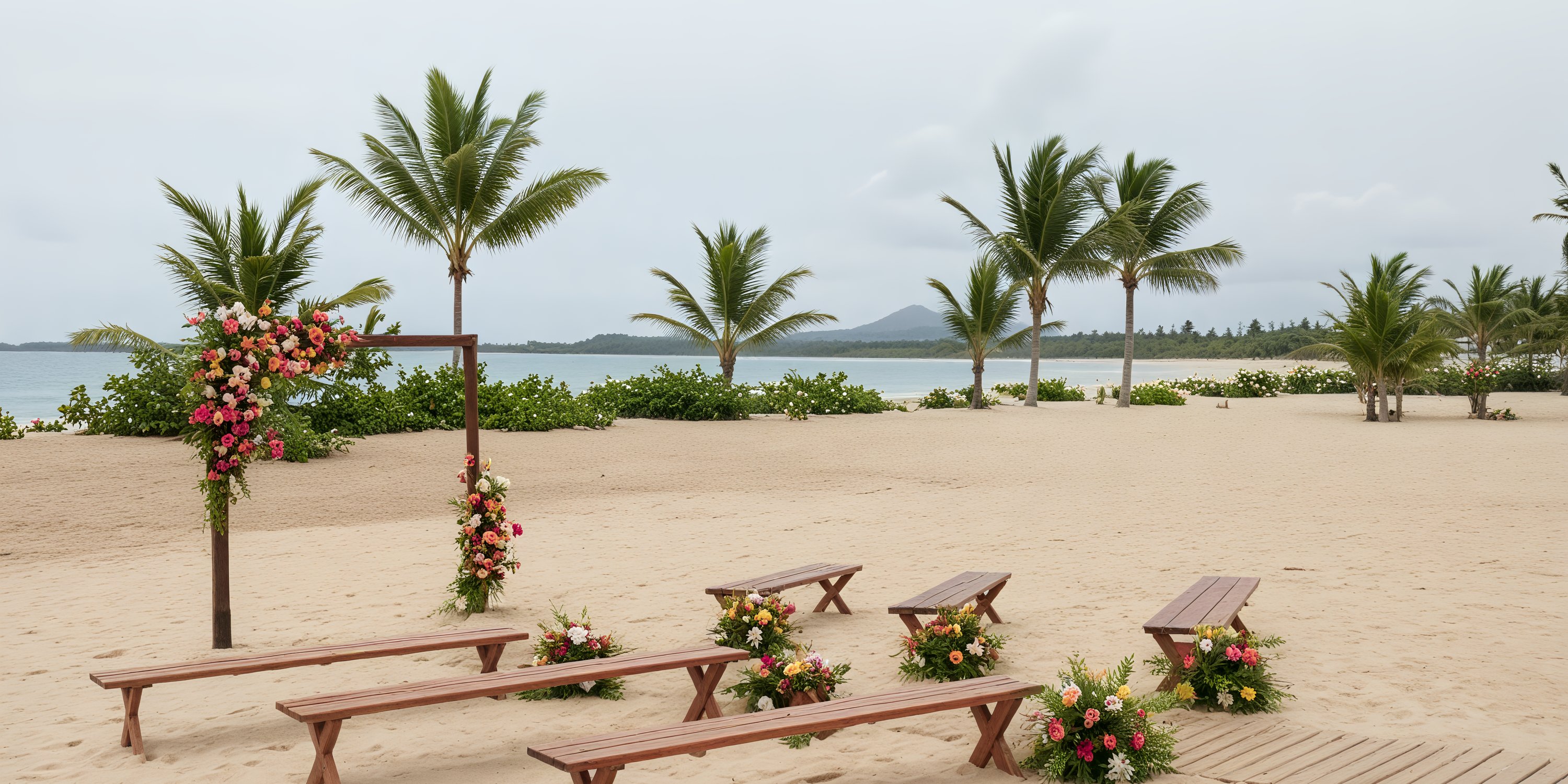 Secrets Playa Esmeralda hosts destination weddings with benches, a floral arch, and palm trees by the beach.