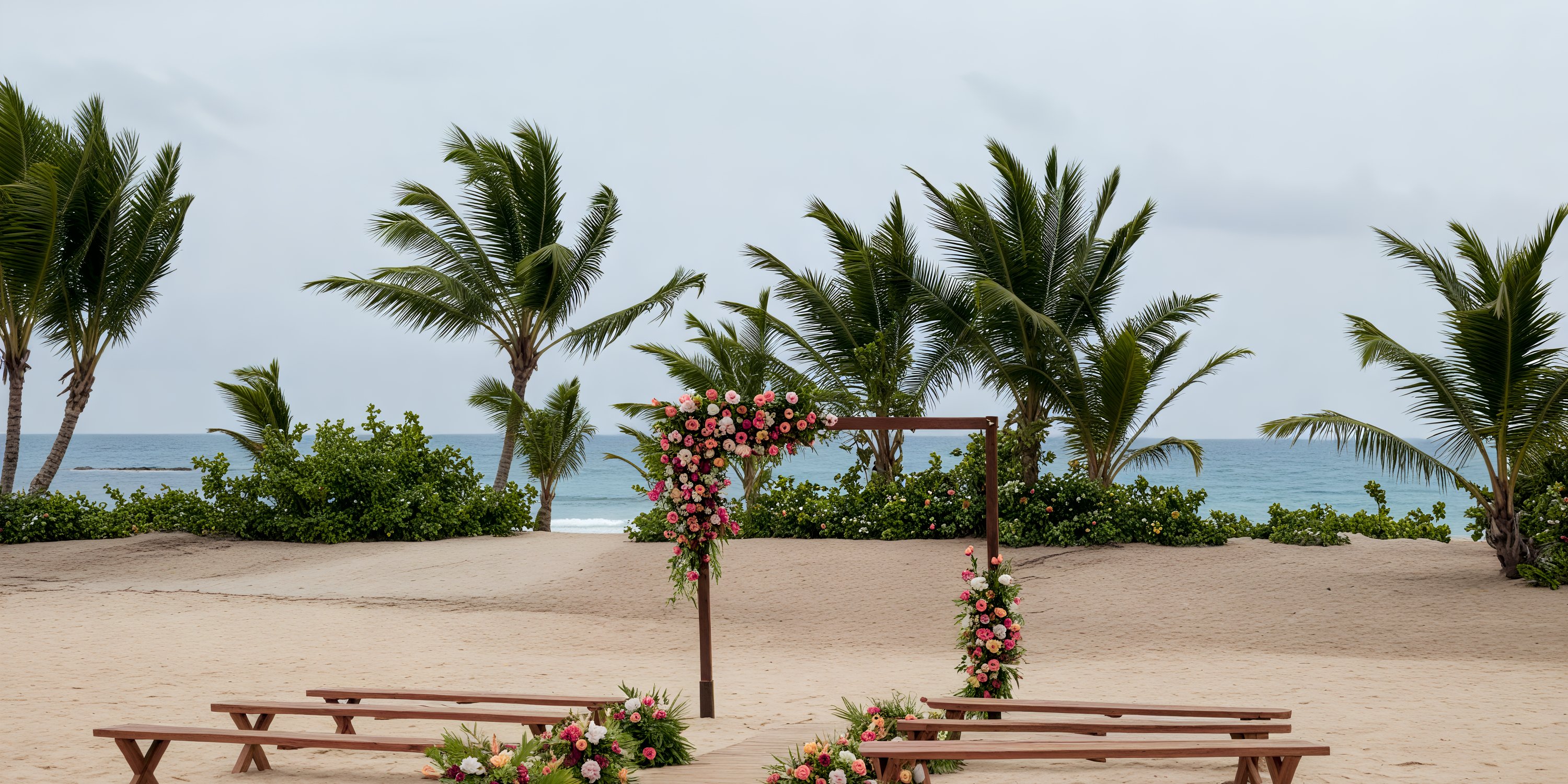 Destination wedding arch adorned with pink flowers set on the beach at Secrets Playa Esmeralda.