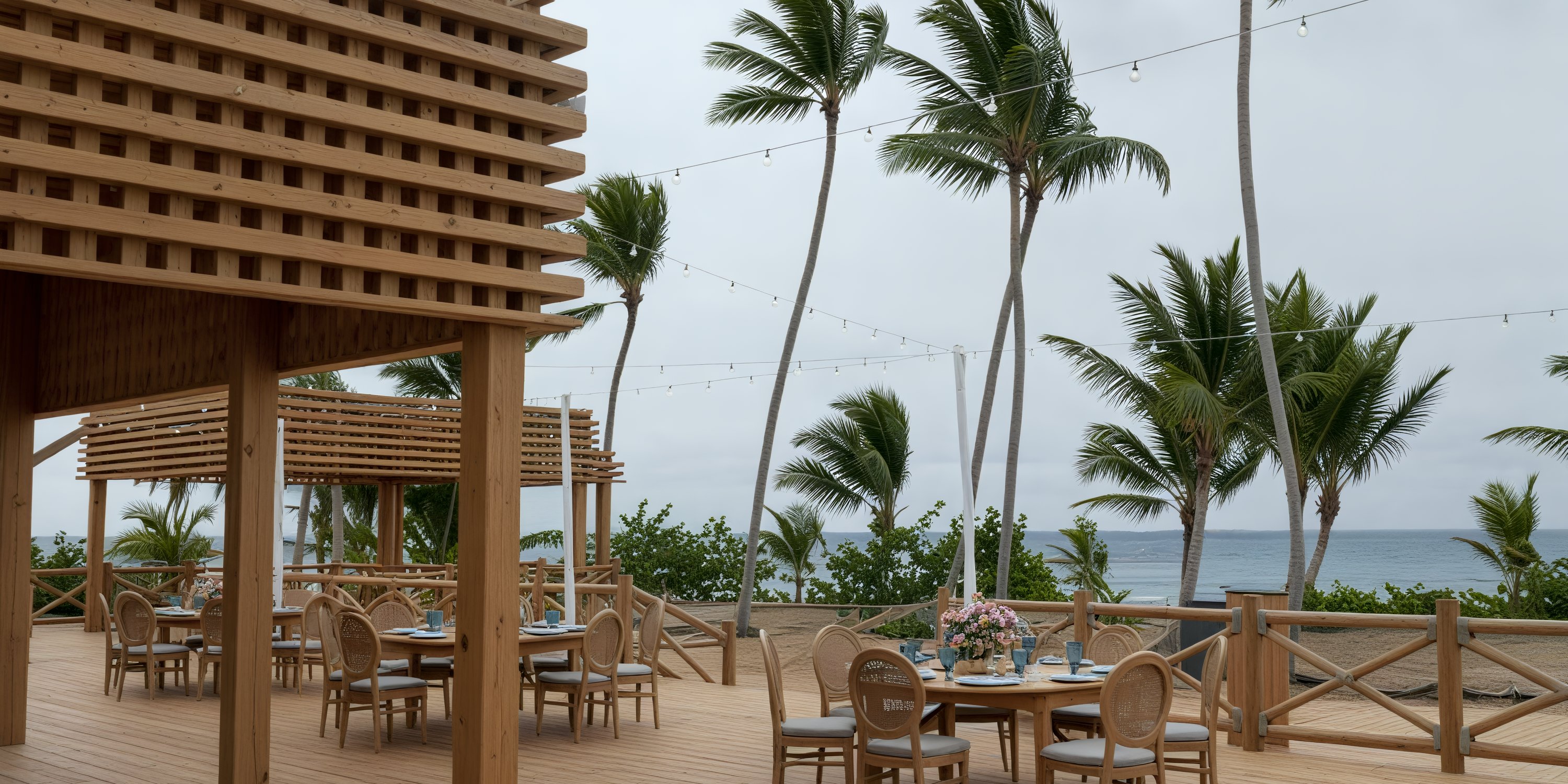 Secrets Playa Esmeralda: Wooden dining with round tables, palm trees, ocean view—perfect for a destination wedding.