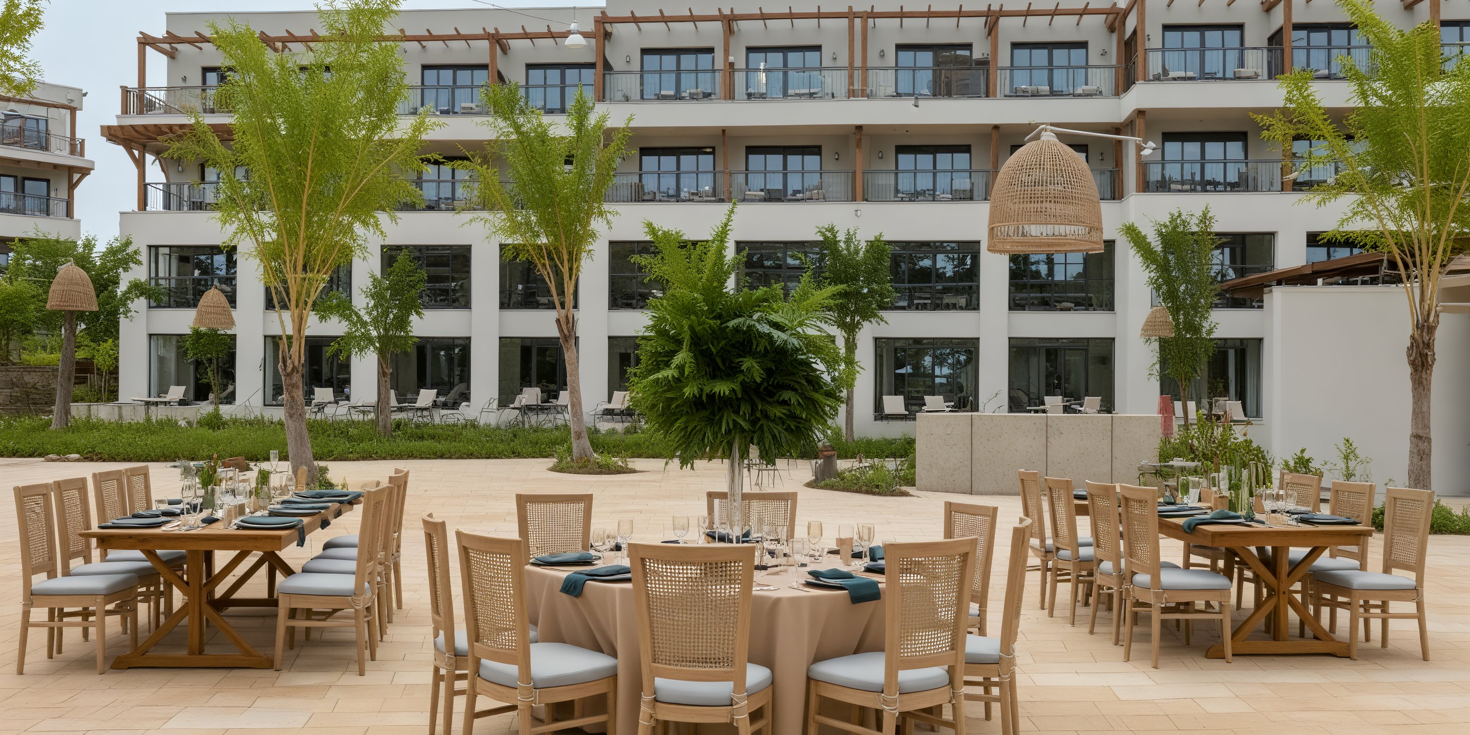 Outdoor dining with round tables at Secrets Playa Esmeralda, a modern destination wedding resort.