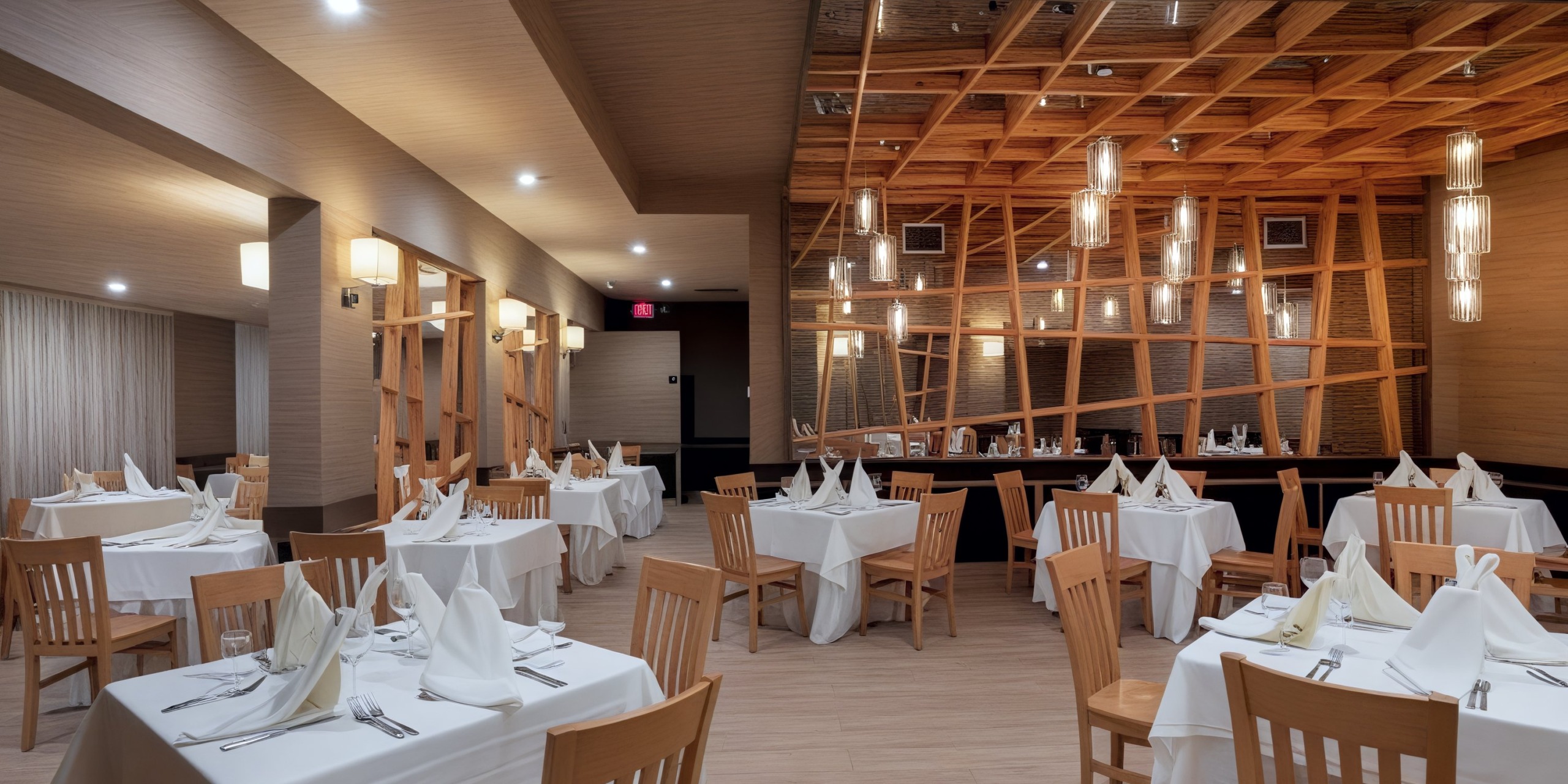A modern restaurant interior perfect for a destination wedding, featuring wooden chairs, elegant white tablecloths, and a sophisticated geometric ceiling design.