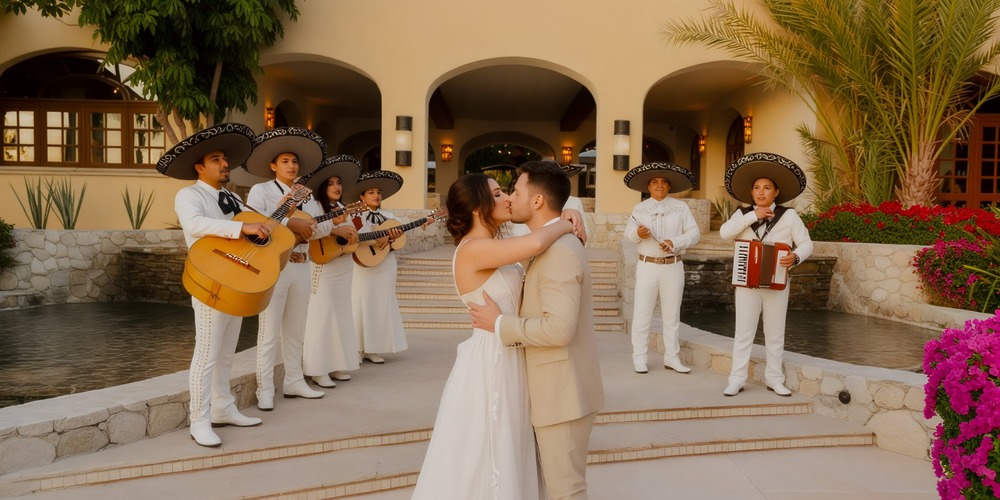 The bride and groom share a kiss at their destination wedding, serenaded by the vibrant tunes of a mariachi band in the background.