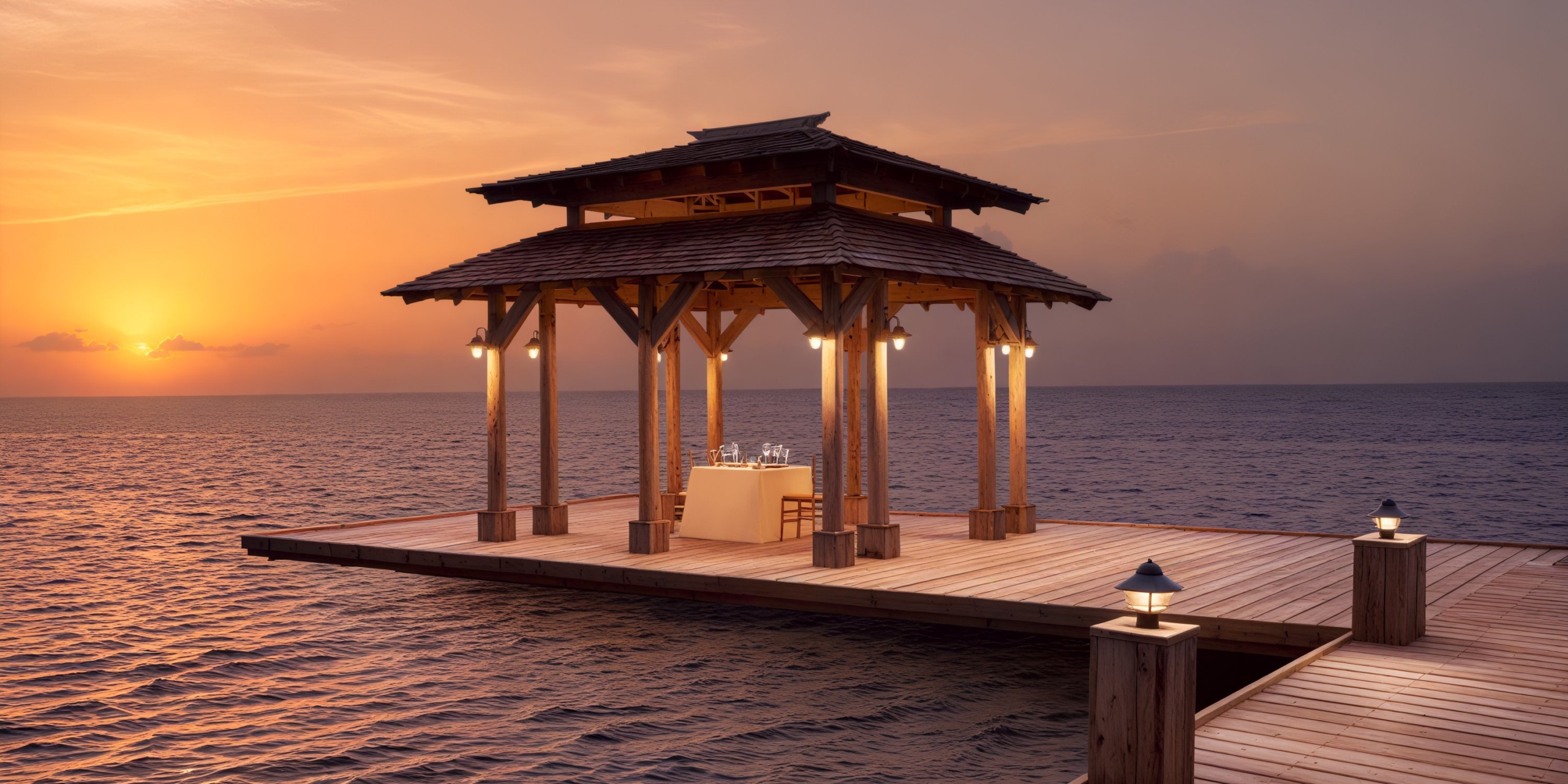 A wooden gazebo perched on a pier by the sea, set against a sunset sky, offers an idyllic setting for a destination wedding. Beneath the gazebo, a table with chairs awaits guests, illuminated by charming lantern lights.