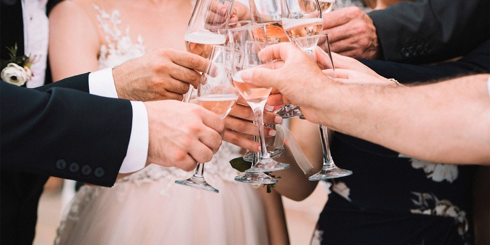 Guests toasting at a wedding, with the bride’s and bridesmaid’s dress colors visible in the background.