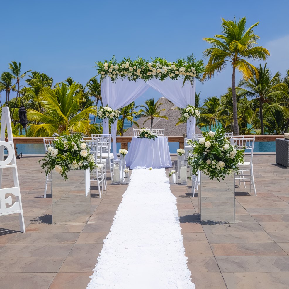Destination wedding arrangement featuring white chairs and floral decorations, set against a backdrop of palm trees.
