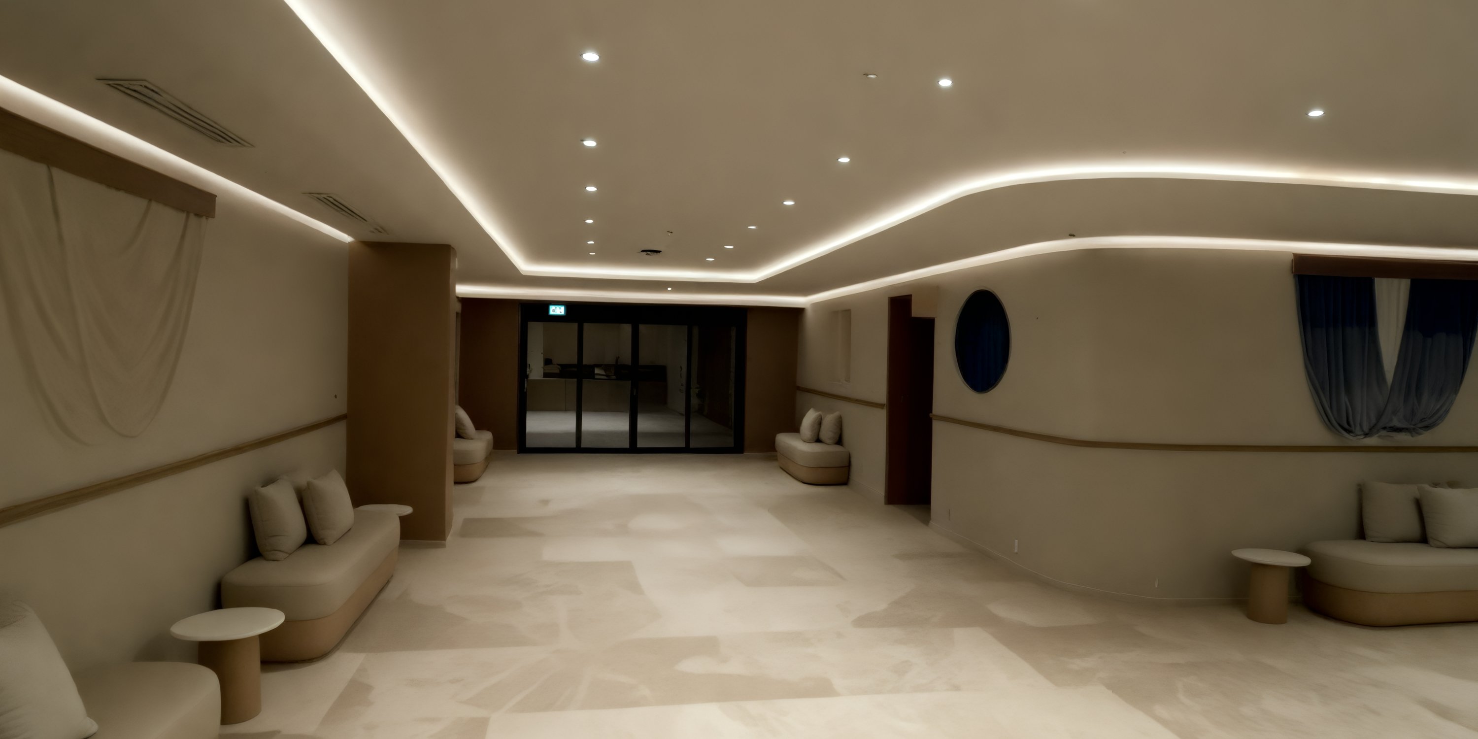 Softly-lit lobby at UNICO 20°105° Riviera Nayarit, ideal for a destination wedding, with beige seats, curved walls, and drapes.
