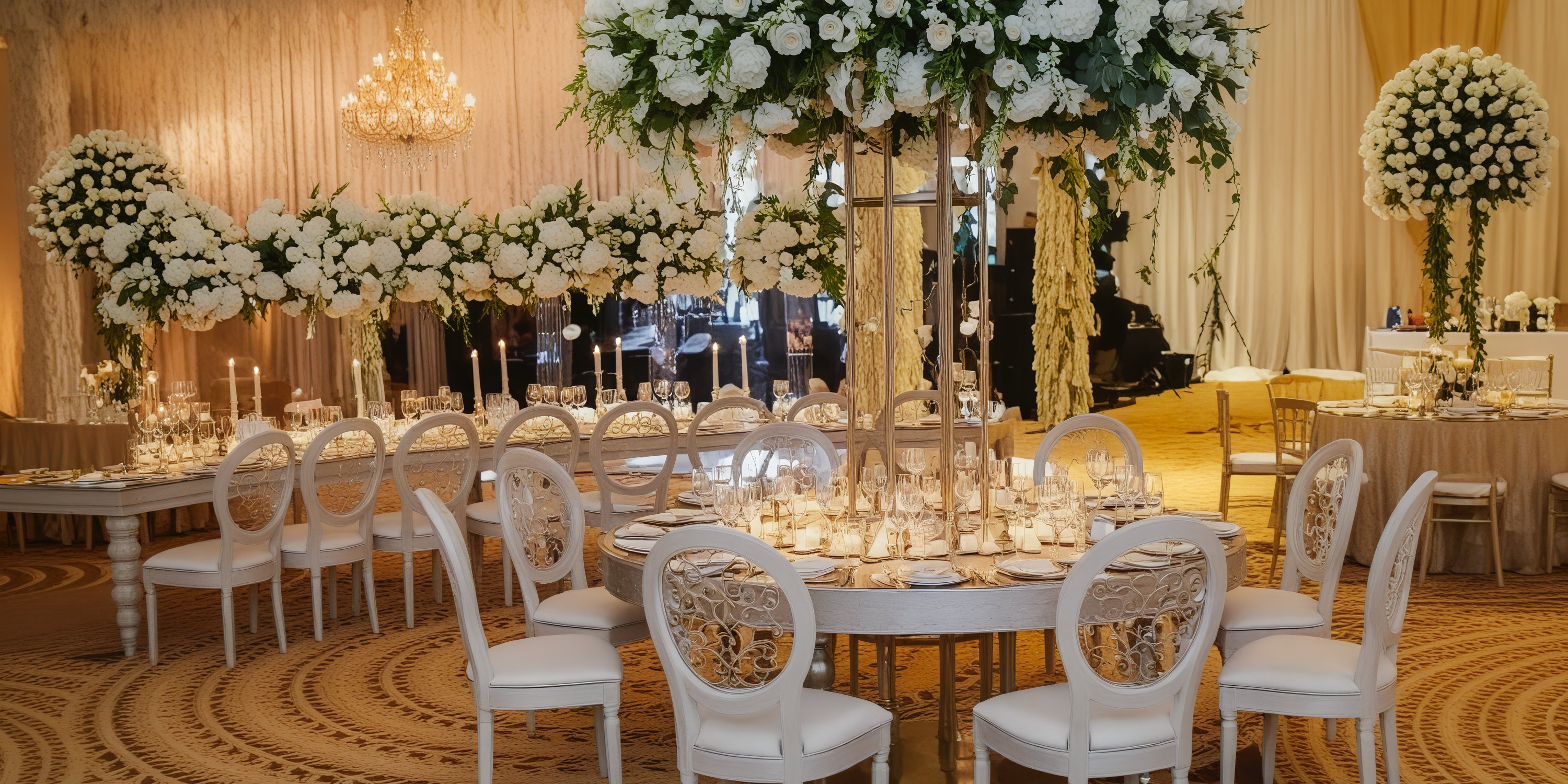 A sophisticated venue for a wedding reception featuring round tables adorned with floral centerpieces and accompanied by elegant white chairs, perfect for any destination wedding event.