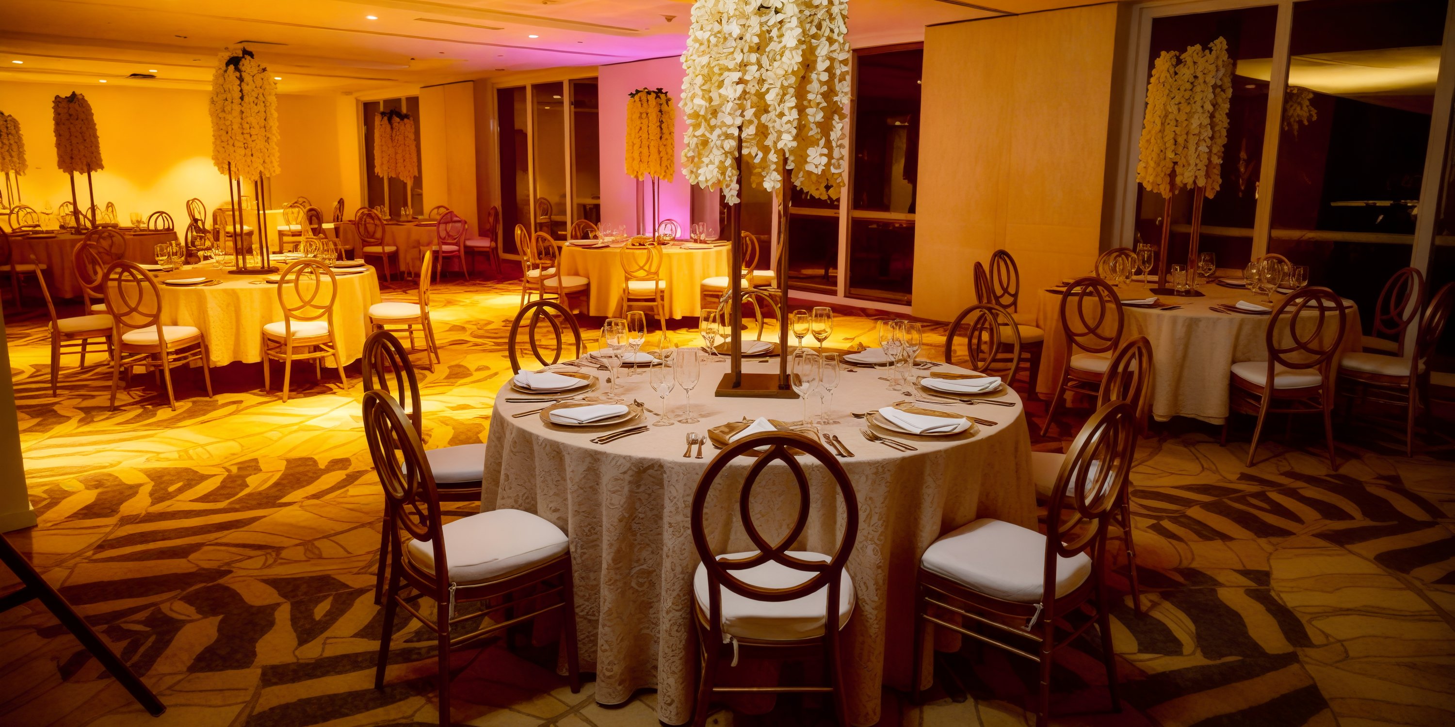 A sophisticated banquet hall, perfect for a wedding, is adorned with round tables featuring floral centerpieces and rests on a beautifully patterned carpet.