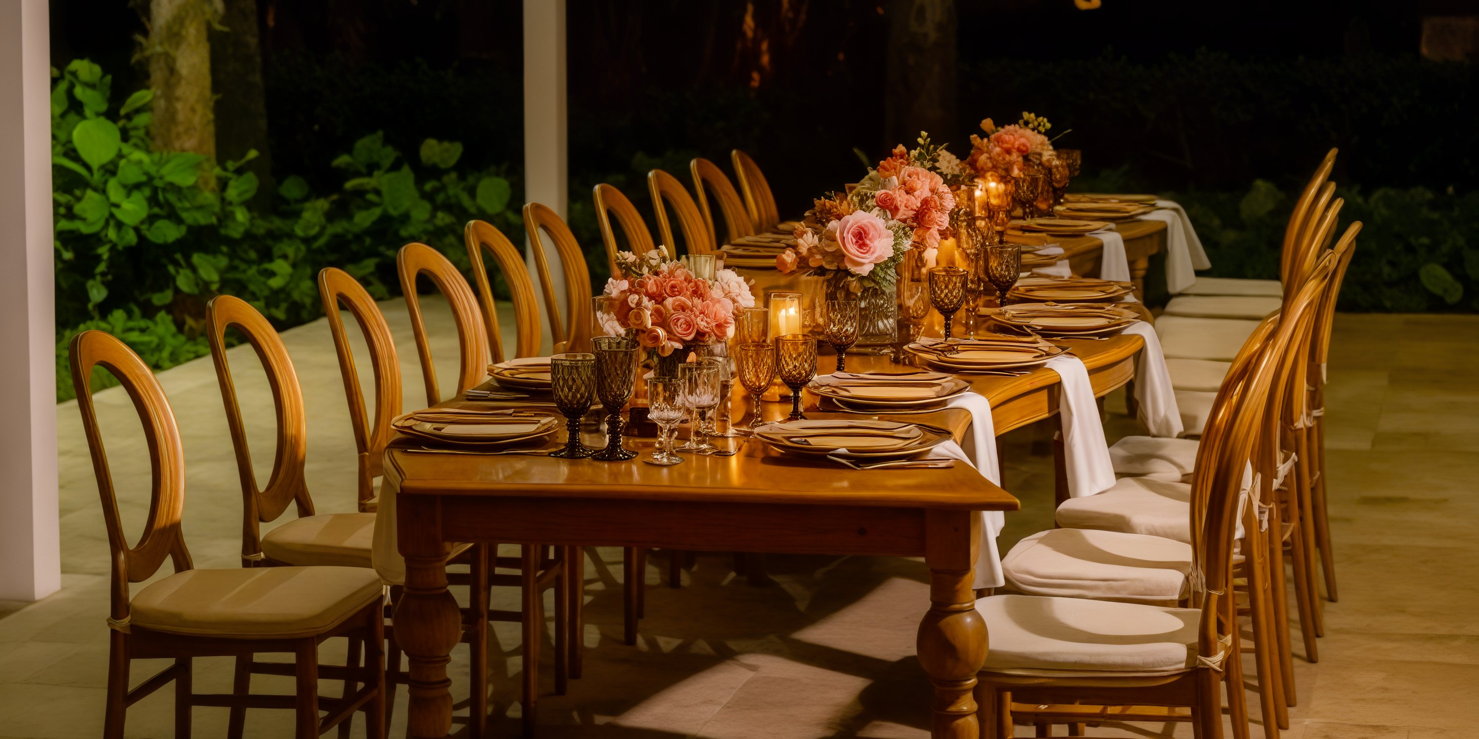 An elegant outdoor dinner setup for a destination wedding, complete with beautifully arranged chairs, flowers, and candles.