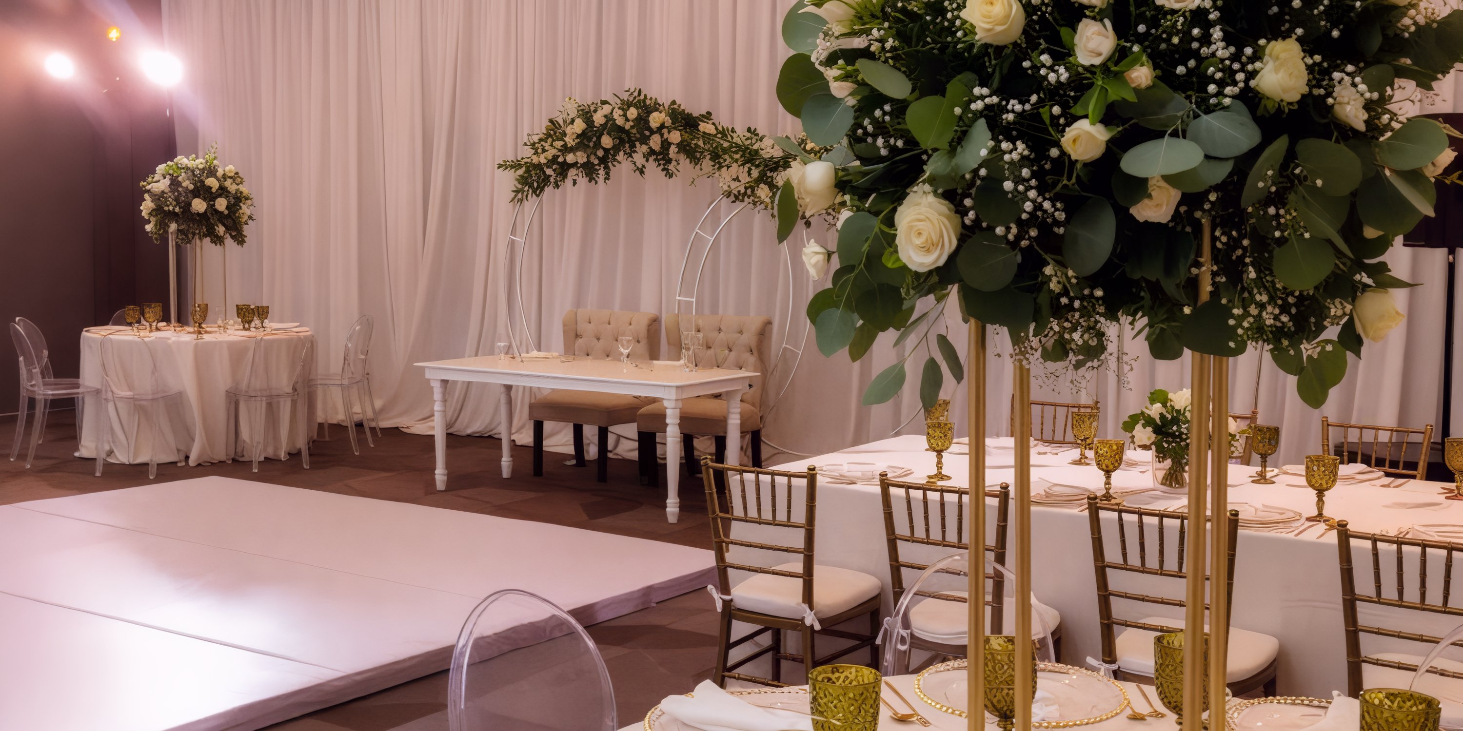An elegant destination wedding reception featuring white floral decorations and beautifully arranged tables awaiting guests.