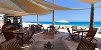 Garza Blanca Los Cabos offers a charming café with wooden seating situated under canopies and boasting stunning sea views, making it the perfect setting for a picturesque destination wedding.