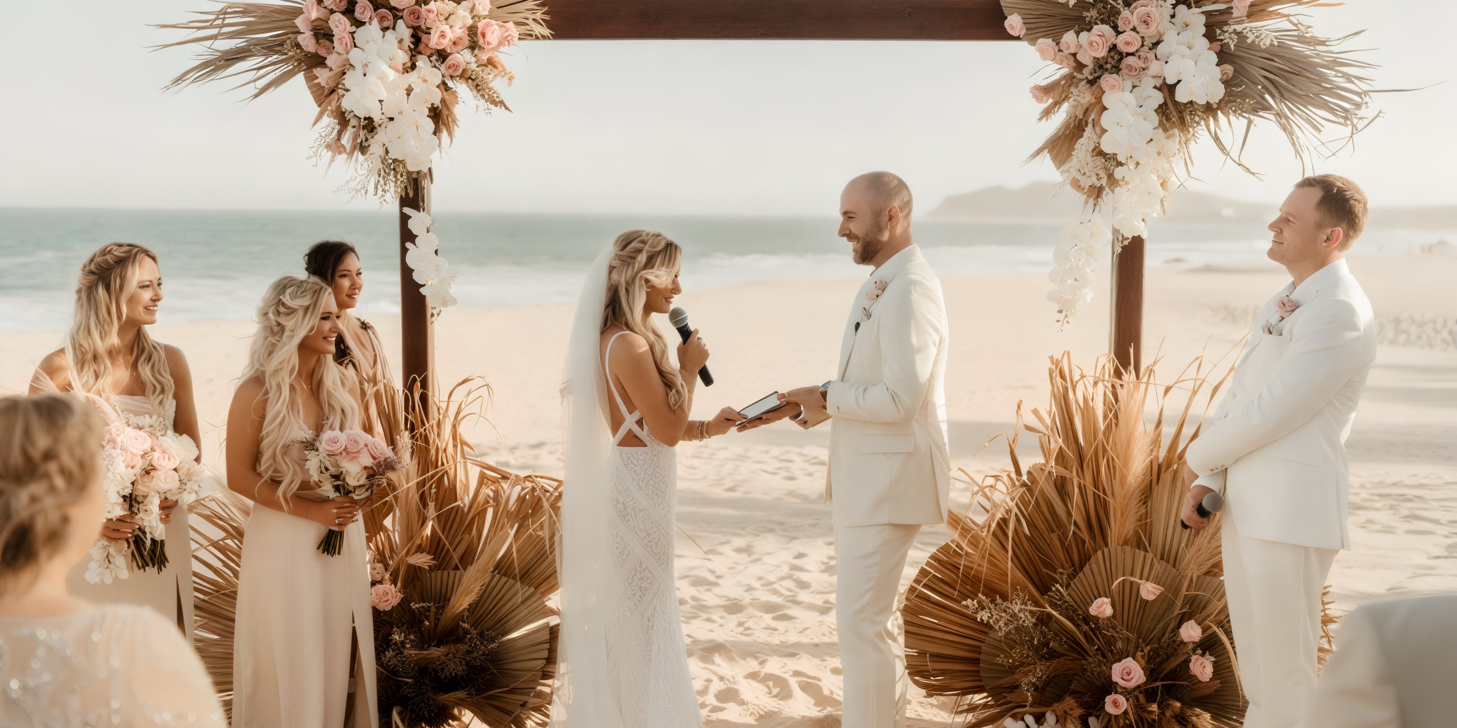 A couple celebrates their destination wedding at Garza Blanca Los Cabos, exchanging vows beneath a stunning floral arch, accompanied by bridesmaids and a groomsman.