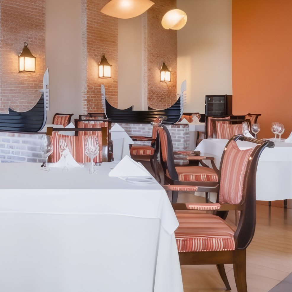 Elegant restaurant, perfect for a destination wedding, features striped chairs and gondola-shaped booths.