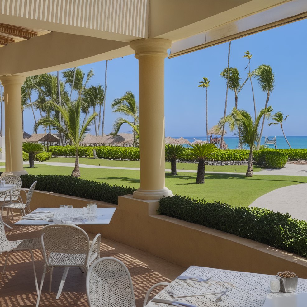An outdoor patio perfect for a destination wedding, featuring white tables surrounded by palm trees and offering a breathtaking ocean view in the background.
