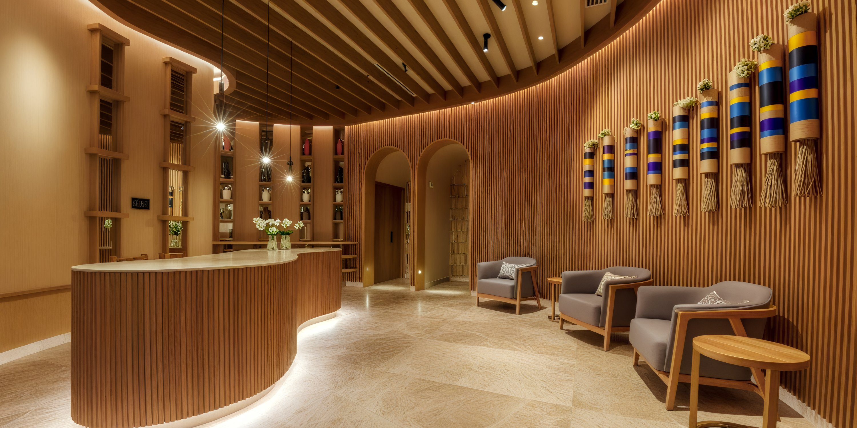Stylish lobby at UNICO 20°105° Riviera Nayarit, ideal for a destination wedding, with wood desk and chairs.