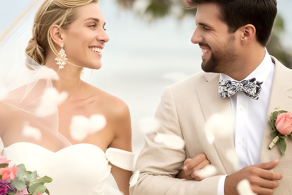 Bride and groom smiling at their destination wedding, holding flowers outdoors at UNICO 20°105° Riviera Nayarit.