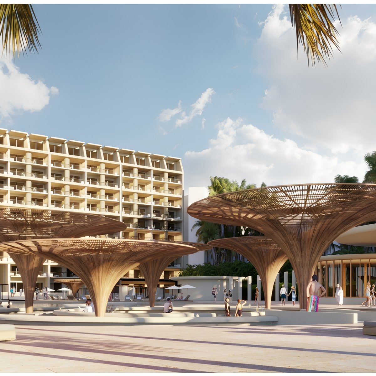 Experience the modern elegance of UNICO 20°87° Riviera Maya, an ideal destination wedding hotel featuring spacious sunshades and inviting outdoor spaces where guests can relax and celebrate in style.