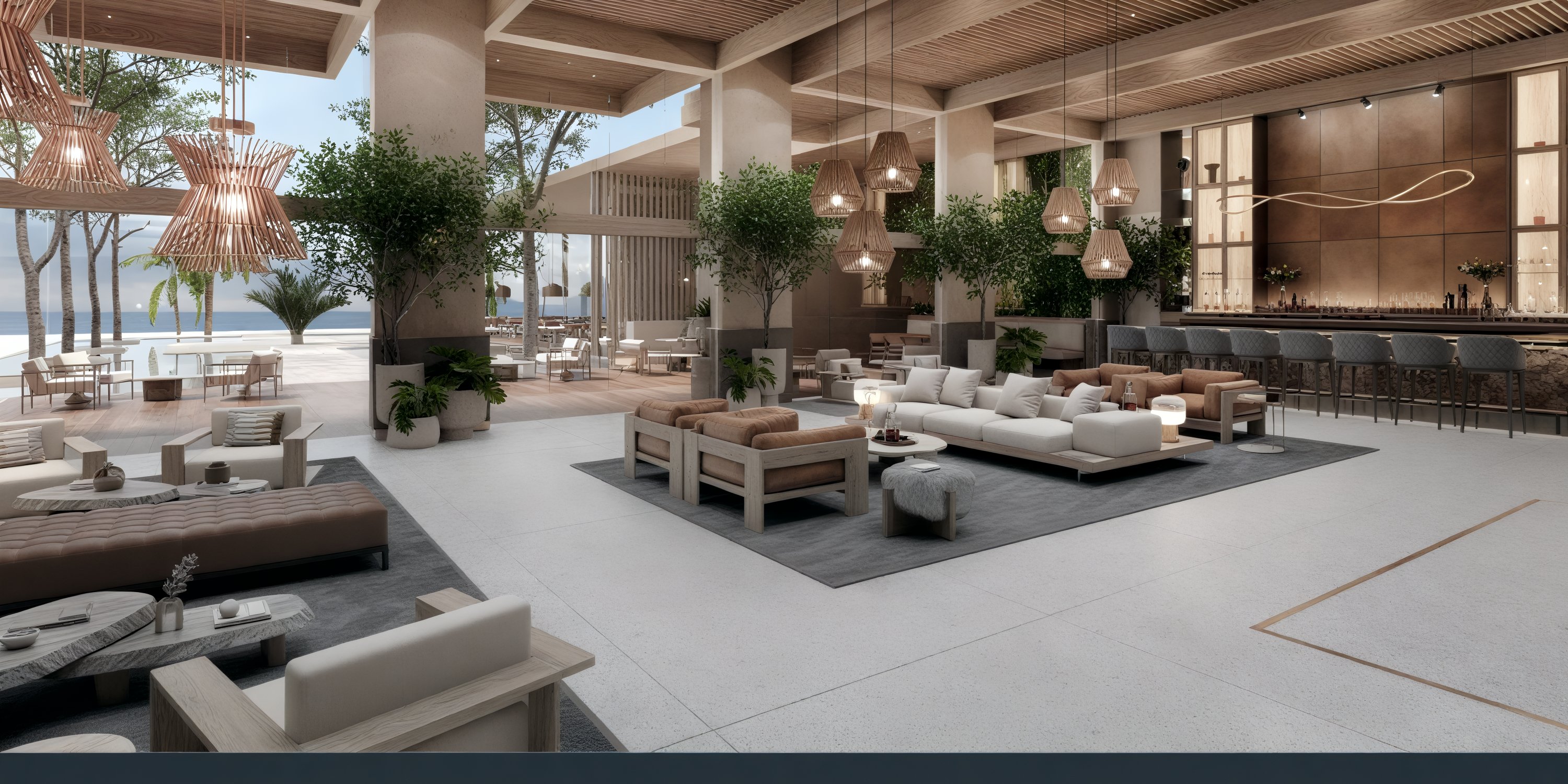 UNICO 20°87° offers a contemporary lobby featuring comfortable seating, a stylish bar, elegant trees, and expansive windows that present stunning ocean views—a perfect setting for a destination wedding.