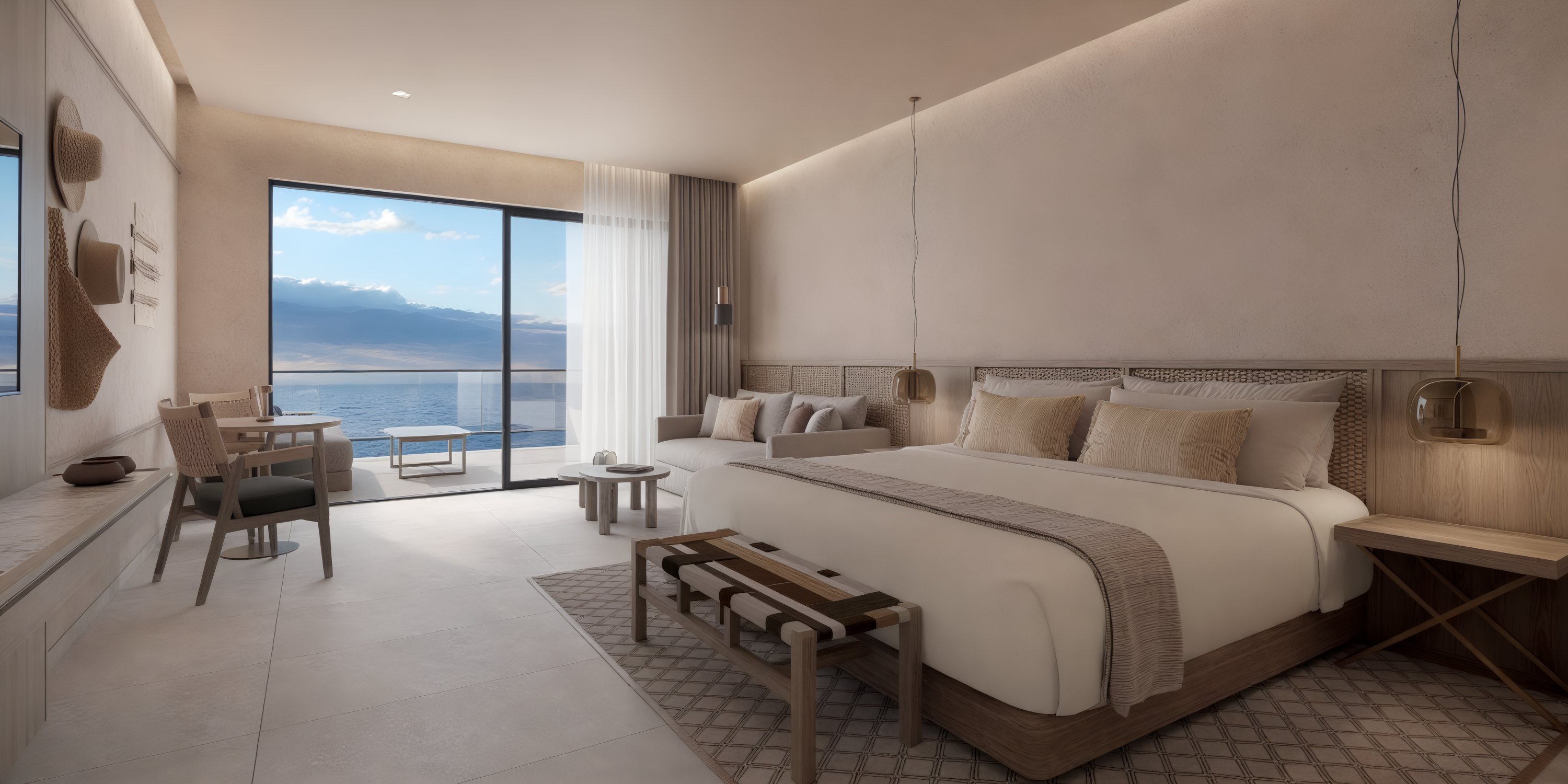 UNICO 20°87° offers an elegant hotel room perfect for a destination wedding, featuring a king bed, sitting area, and a balcony with a stunning ocean view.