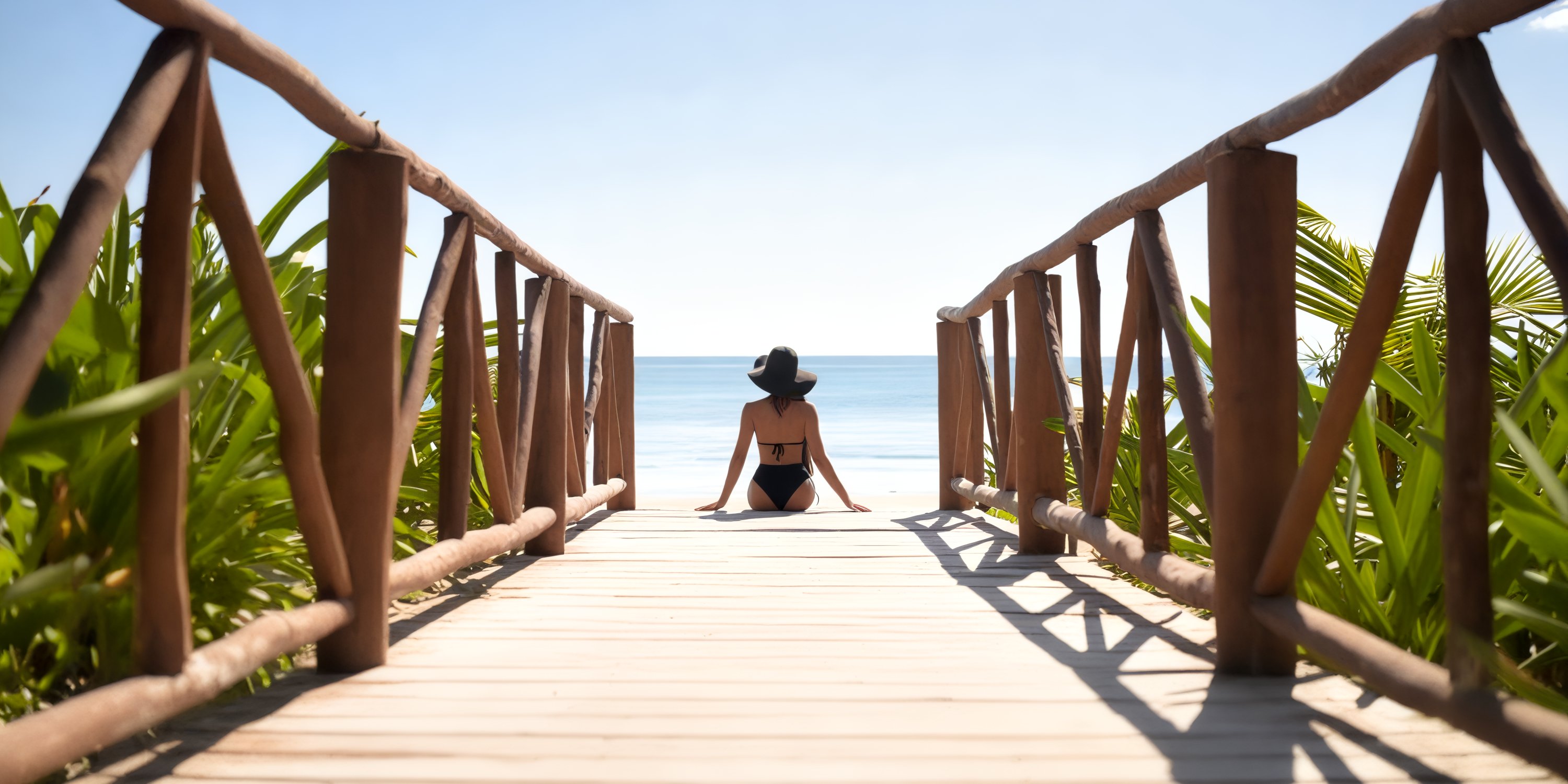 A person stands on a boardwalk gazing at the ocean, donned in swimwear and a UNICO 20°87° hat, perfectly embodying the vibrant spirit of a destination wedding getaway.