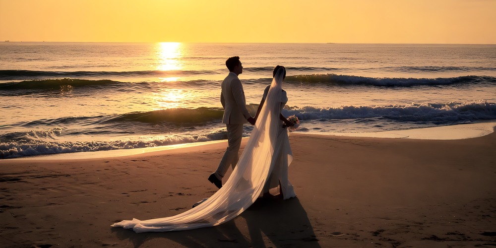 The bride and groom stroll along the beach at sunset during their destination wedding, with the bride’s veil trailing gently behind her on the sand.