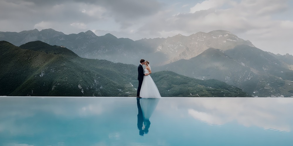 A bride and groom pose by a reflective pool with majestic mountains in the background, creating a breathtaking scene for their destination wedding.
