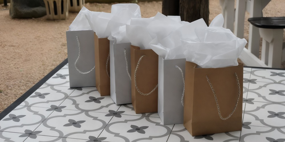 Four gift bags topped with tissue paper are arranged on a patterned table outdoors, ready to celebrate a destination wedding.