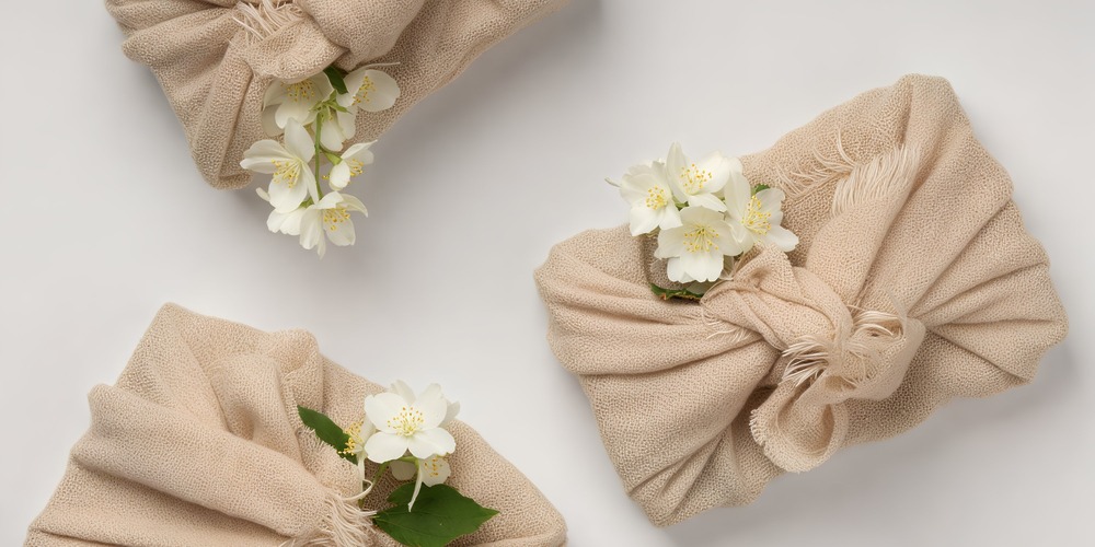 Three elegant beige fabric bundles, adorned with delicate white flowers, are beautifully arranged on a light background—perfect for creating a serene destination wedding ambiance.