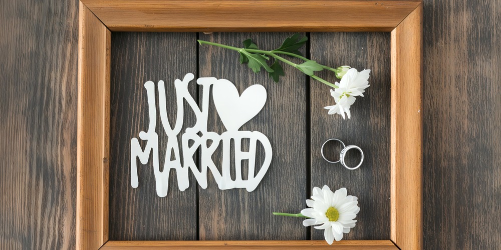 Wooden frame featuring a "Just Married" sign, two white flowers, and a pair of wedding rings—perfect for capturing the spirit of your destination wedding.