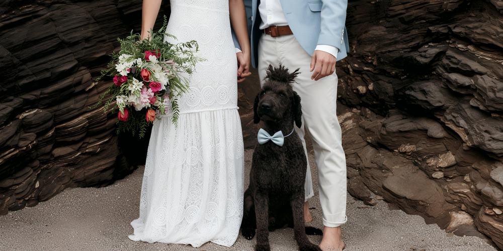 A bride and groom celebrate their destination wedding on a picturesque beach, accompanied by their black dog, creating a beautiful and budget-friendly wedding moment.